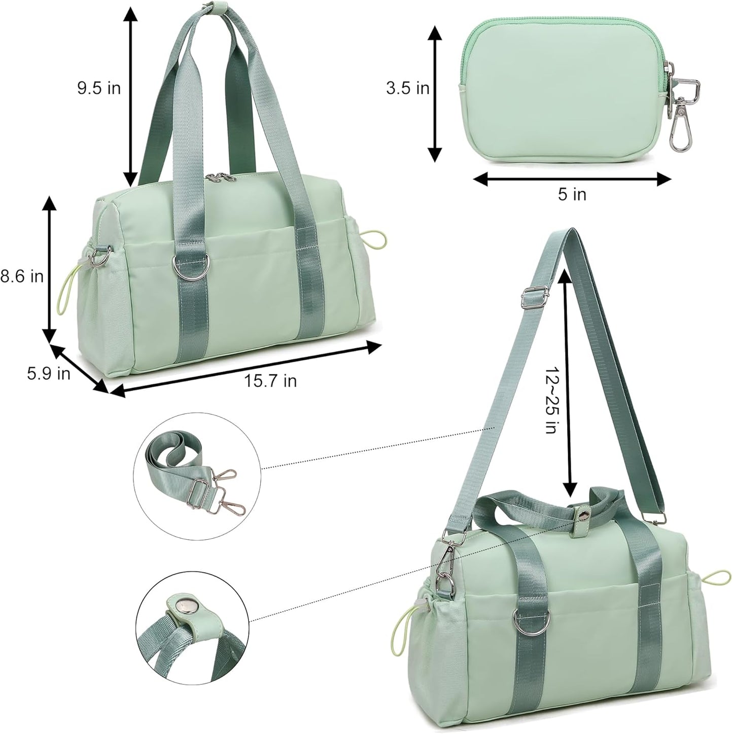 Everyday Mini Gym Bag for Women 2.0, Small Tote with Zipper Compartment Waterproof Travel Duffle Cute Handbag Workout Carry On with Removeable Shoulder Strap & Coin Wallet Easy to Clean - Green