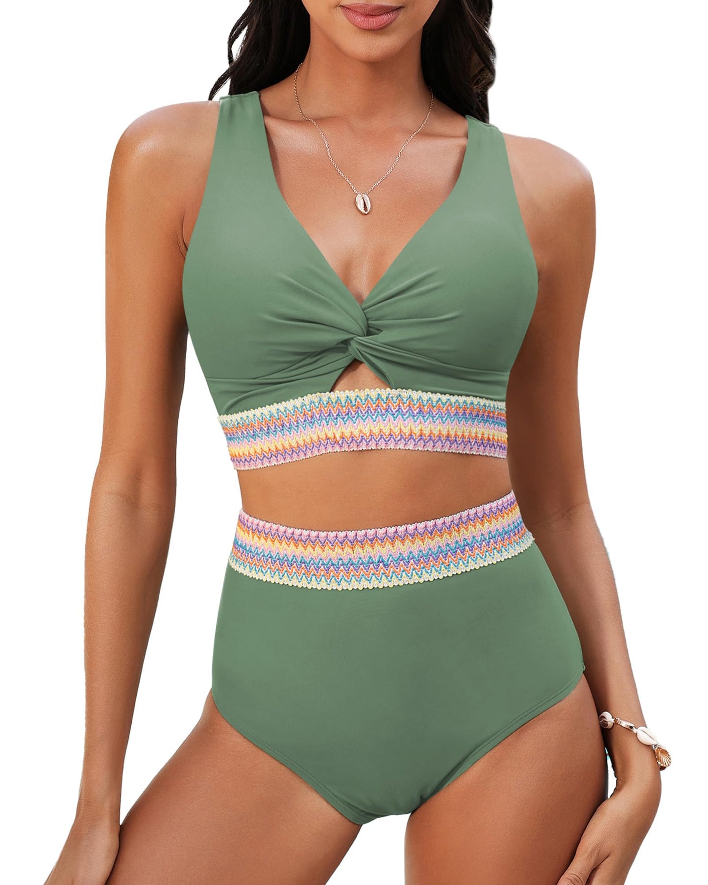 GRAPENT Bikini Sets for Women High Waisted Two Piece Swimsuit Padded Knot Twist Cut Out Color Block Bathing Suit Bikinis