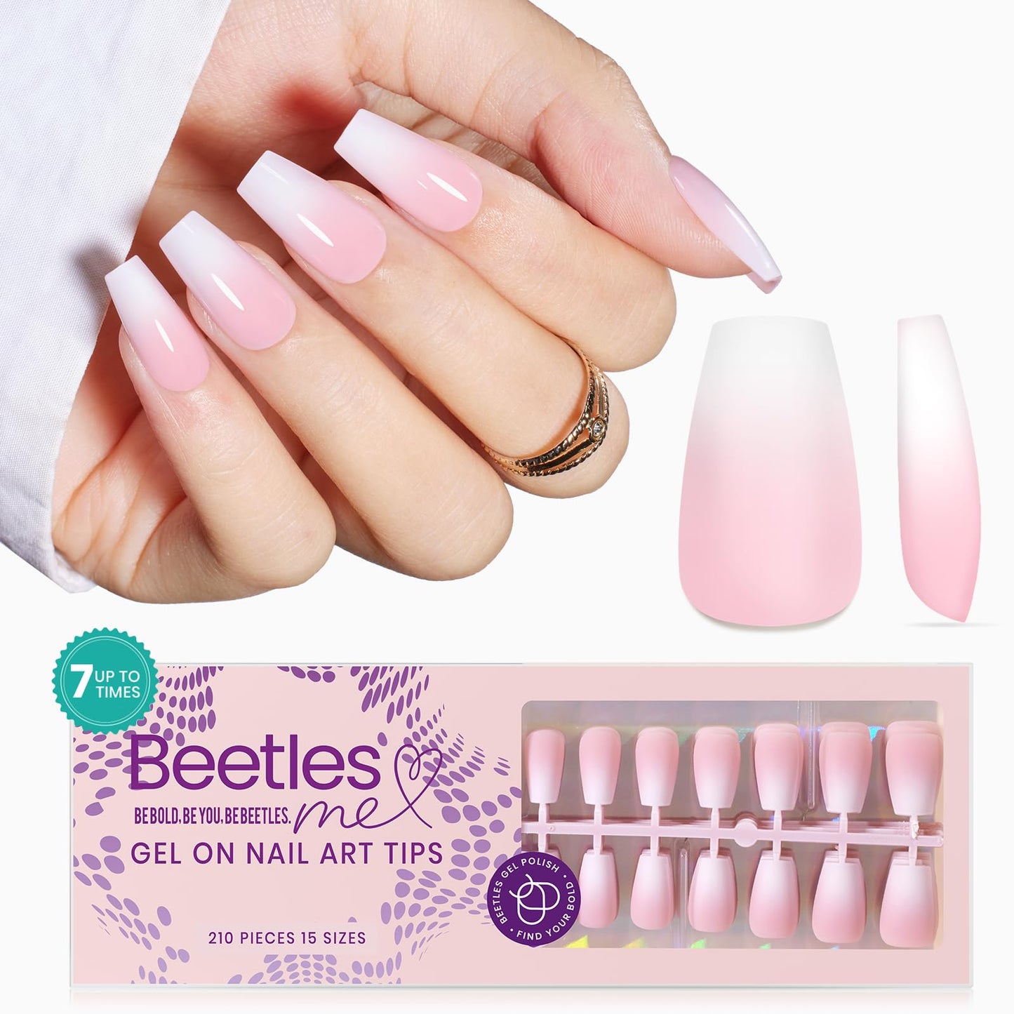 Beetles Ombre Press on Nails: 224 PCS Short Almond Gel Nail Tips, Pink Press ons Pre-applied Primer & Base Coat Glue on Nail Tips, No Need to File Fake Nails DIY Nails Gifts for Women