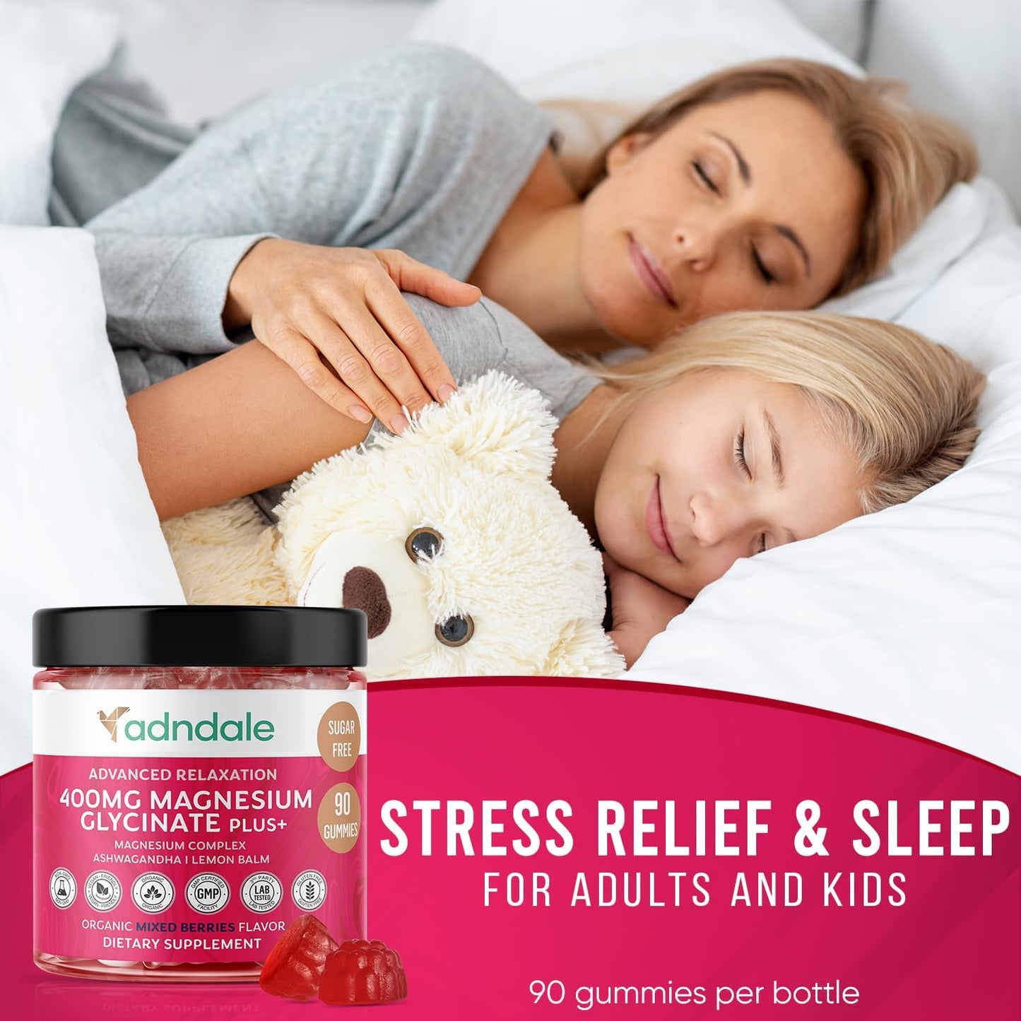 Adndale 90 CT Magnesium Glycinate Gummies 400 mg/Serv with Ashwagandha, Magnesium Malate & Taurate, Sugar Free Chews for Adults & Kids Relaxation, Stress Relief, Night Rest, Muscle & Cardio Support