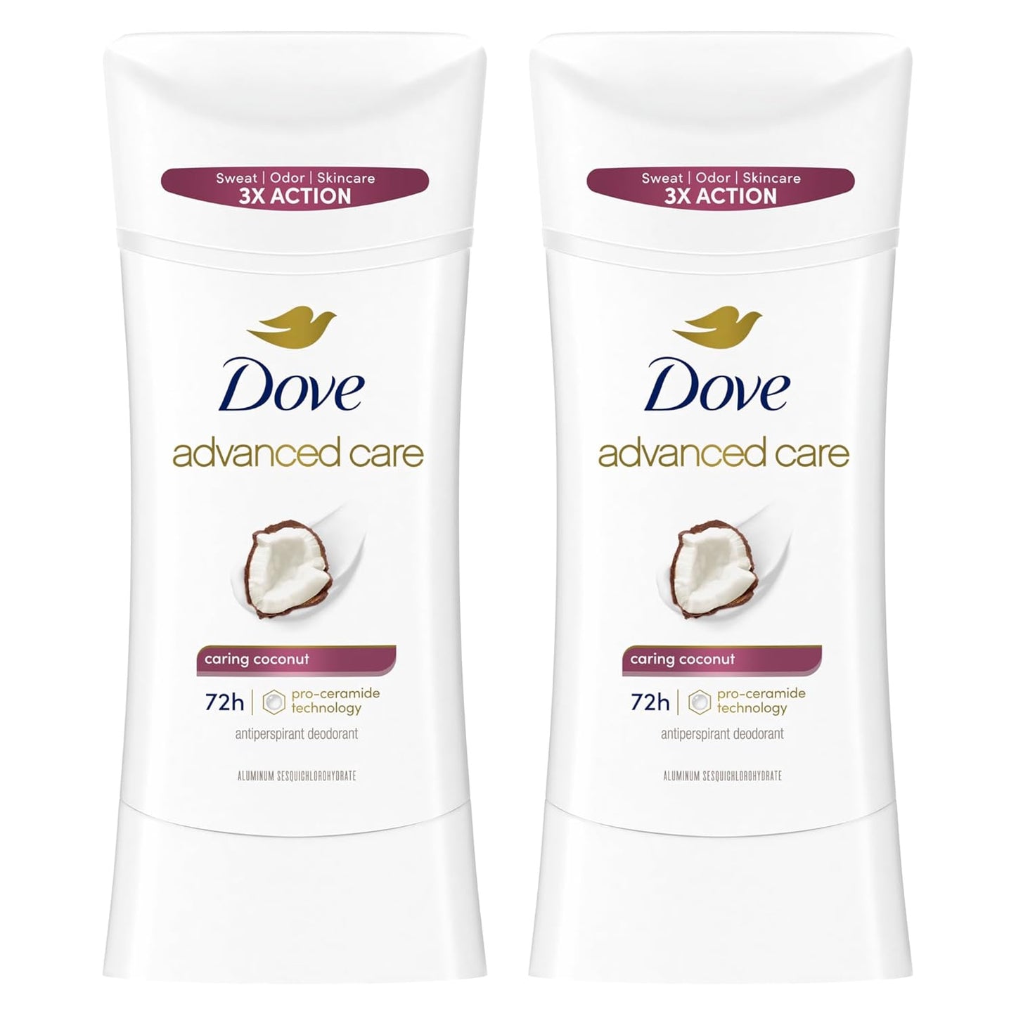 Dove Advanced Care Antiperspirant Caring Coconut, 2 Count Deodorant Stick for Women, for 48 Hour Protection And Soft And Comfortable Underarms, 2.6 oz