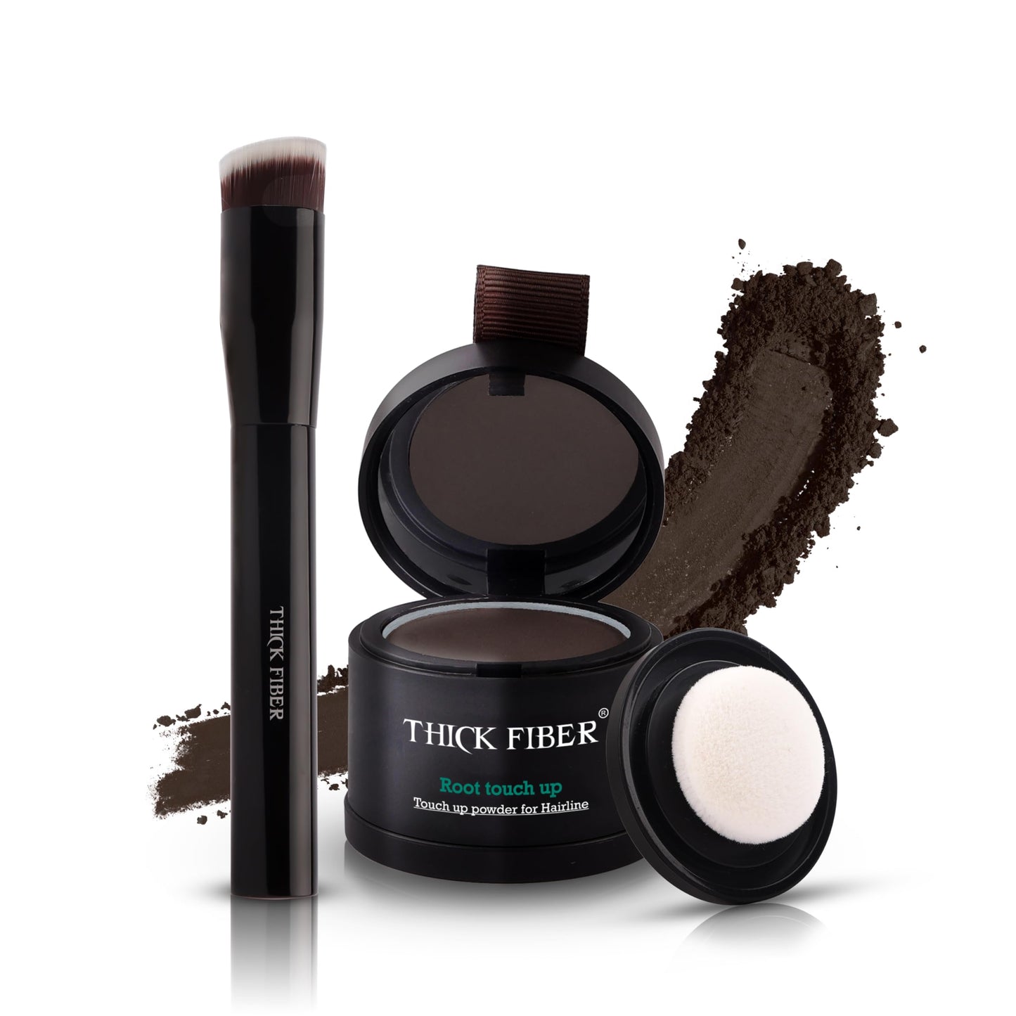 THICK FIBER Root Touch Up Powder - Water & Sweat Resistant Hair Loss Concealer Set for Thinning Hair Women, Includes Brush (Black)
