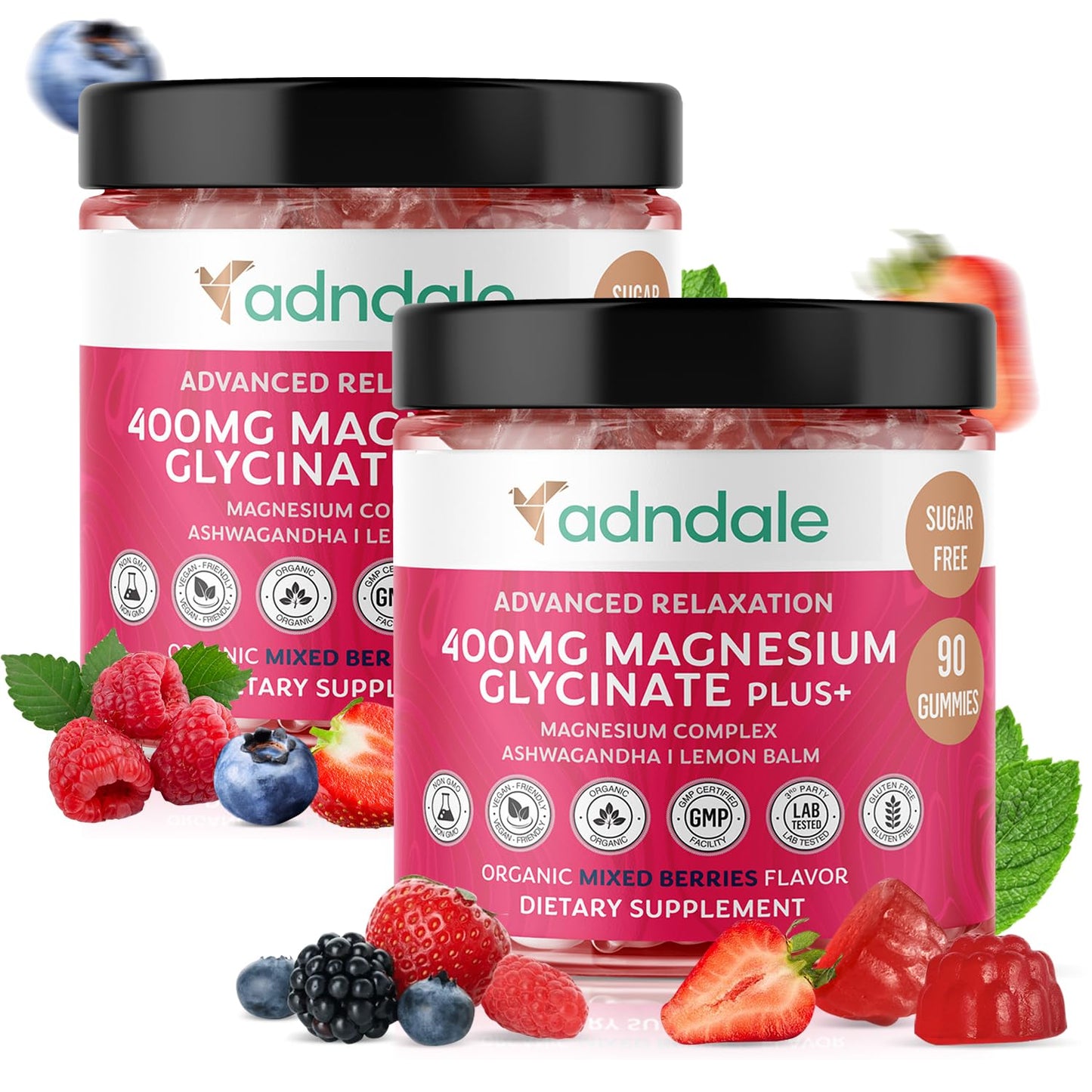 Adndale 90 CT Magnesium Glycinate Gummies 400 mg/Serv with Ashwagandha, Magnesium Malate & Taurate, Sugar Free Chews for Adults & Kids Relaxation, Stress Relief, Night Rest, Muscle & Cardio Support