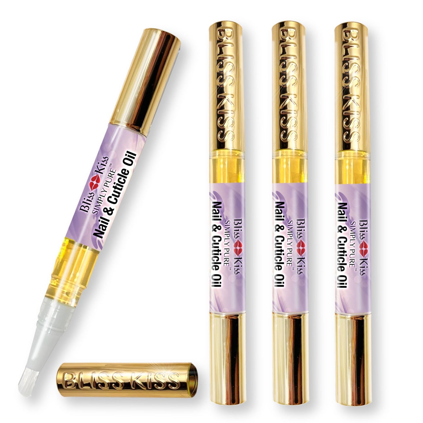 Bliss Kiss | Fragrance Free 4 Nail Oil Cuticle Pens w/Vitamin E & Jojoba⏤Nail Strengthener Nail Growth and Strengthening Serum for Brittle, Peeling, Breaking, Thin nails