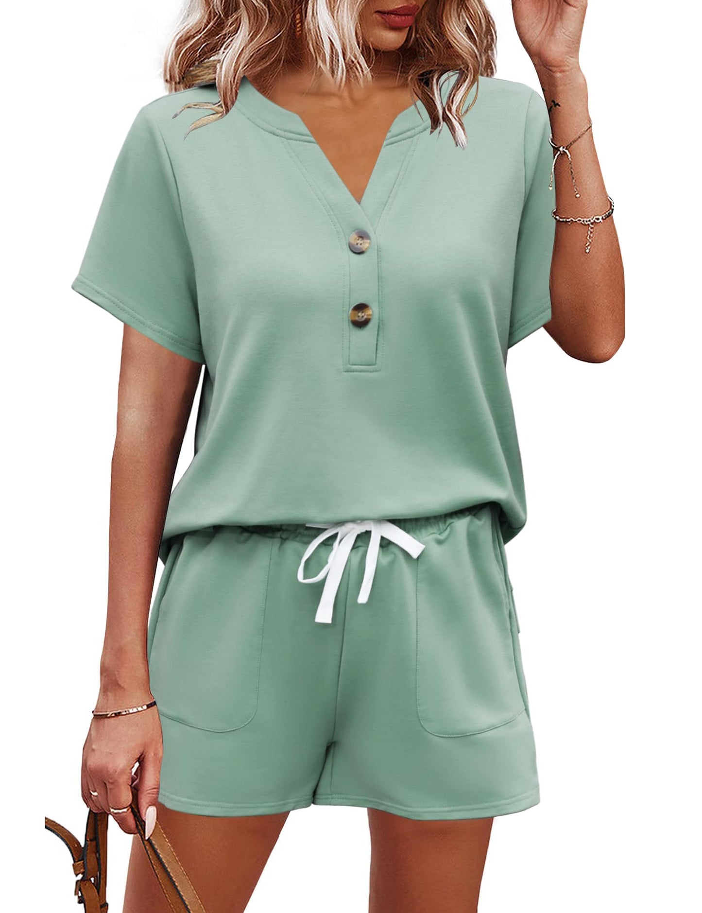 AKEWEI Womens Two Piece Outfits Summer Lounge Sets Tracksuit V Neck Buttons Down Tops and Shorts Set with Pockets