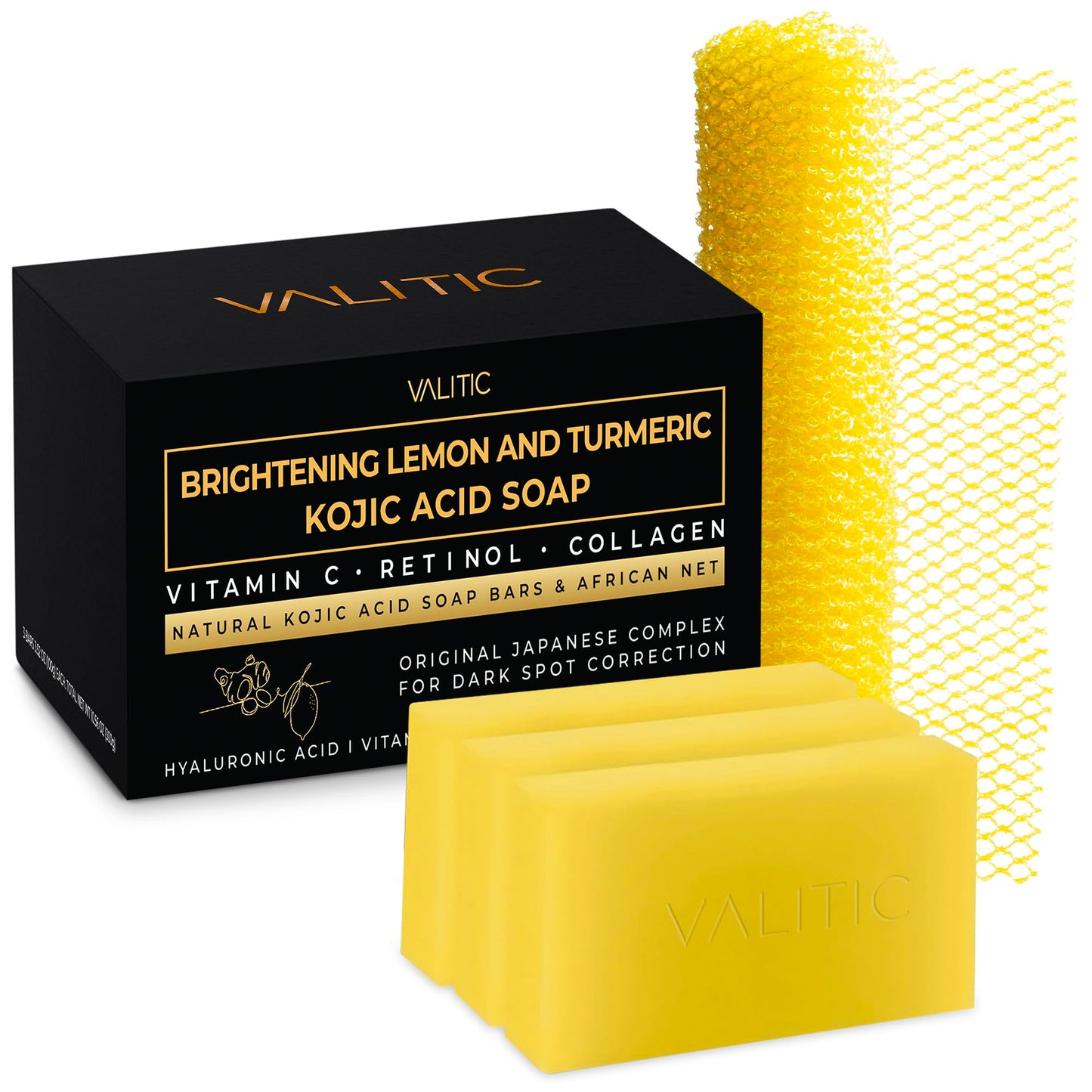 VALITIC Brightening Lemon & Turmeric Kojic Acid Soap with Vitamin C, Retinol, Collagen - Original Japanese Complex Infused with Hyaluronic Acid, Vitamin E, Shea Butter, Castile Olive Oil (2 Pack)