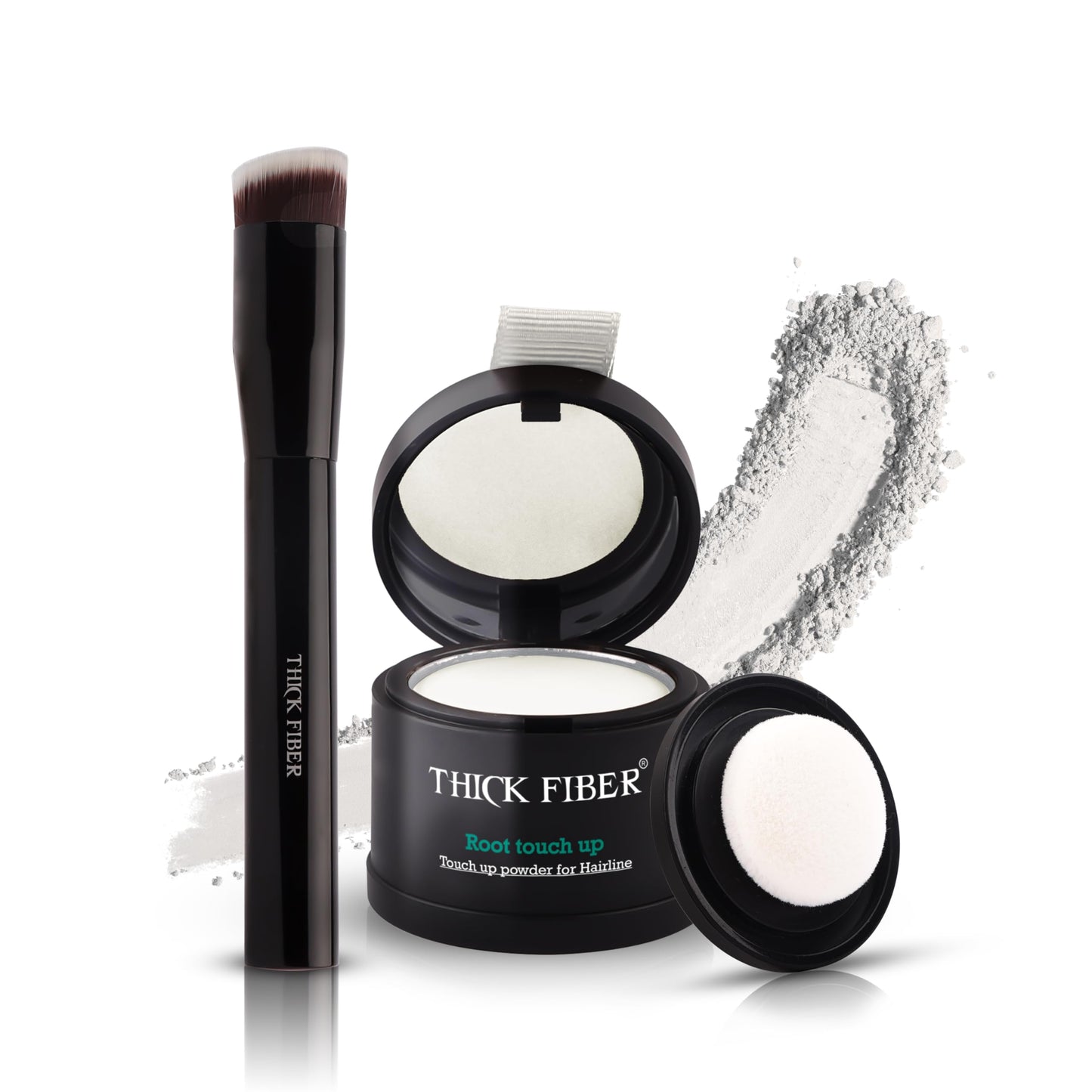 THICK FIBER Root Touch Up Powder - Water & Sweat Resistant Hair Loss Concealer Set for Thinning Hair Women, Includes Brush (Black)