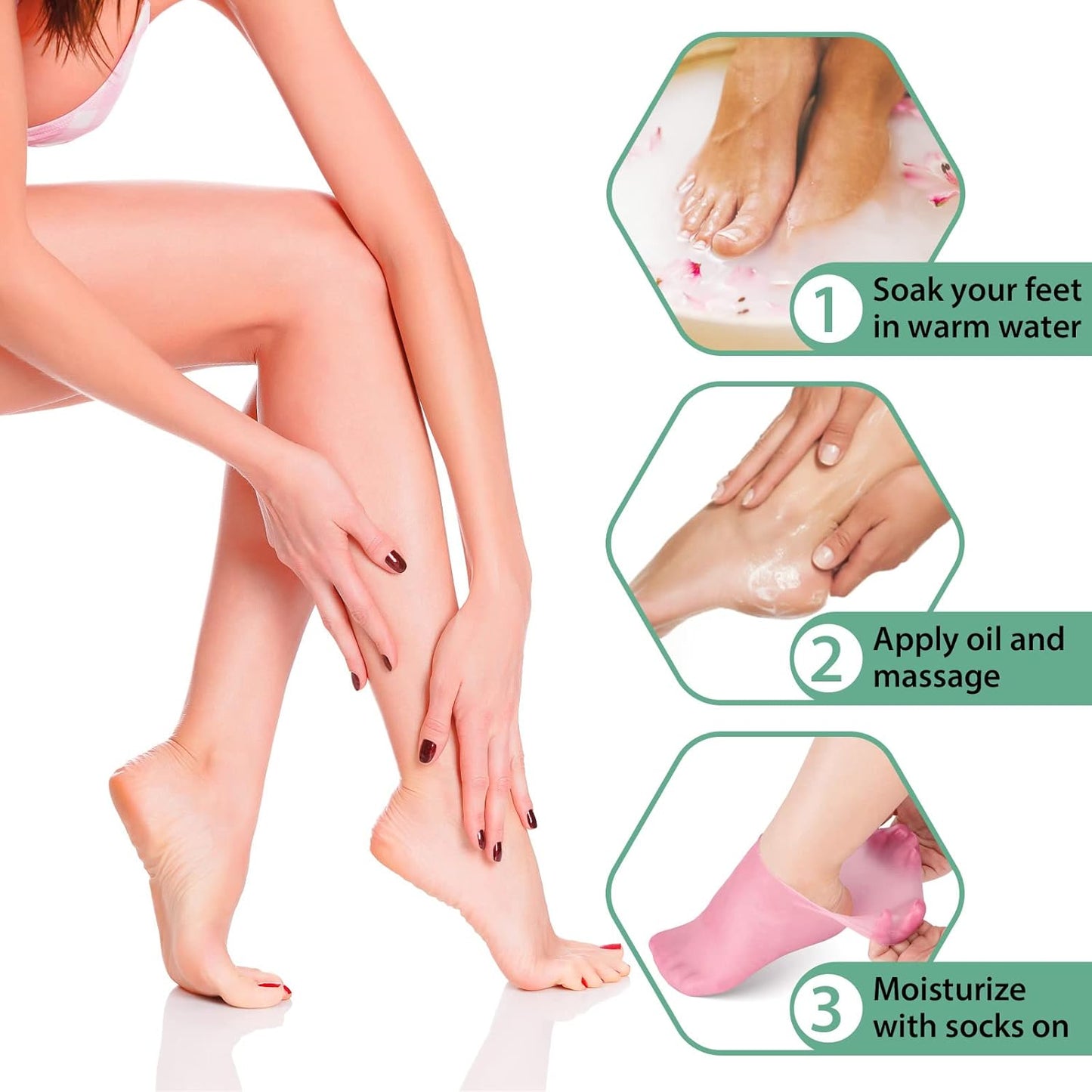 Noverlife 2 Pairs Silicone Moisturizing Socks Softening Dry Cracked Feet Rough Skins & Anti Slip Aloe Socks for Dry Cracked Feet Women, Calluses, Spa Gel Socks Foot Care After Pedicure - Pink & White