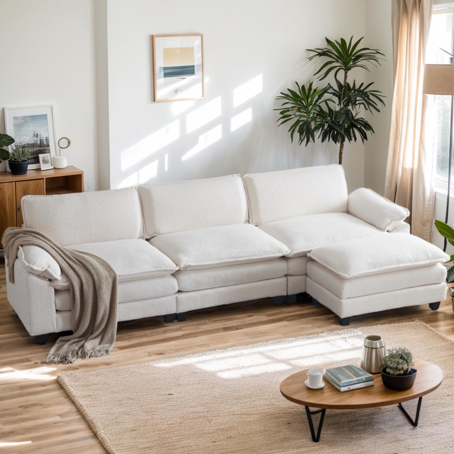 Karl home Sectional Sofa Modular Deep Seat Sofa Couch with Ottoman, Chenille Sofa Sleeper Comfy Upholstered Furniture for Living Room, Apartment, Studio, Office, (3-Seat & 1-Ottoman, Beige)
