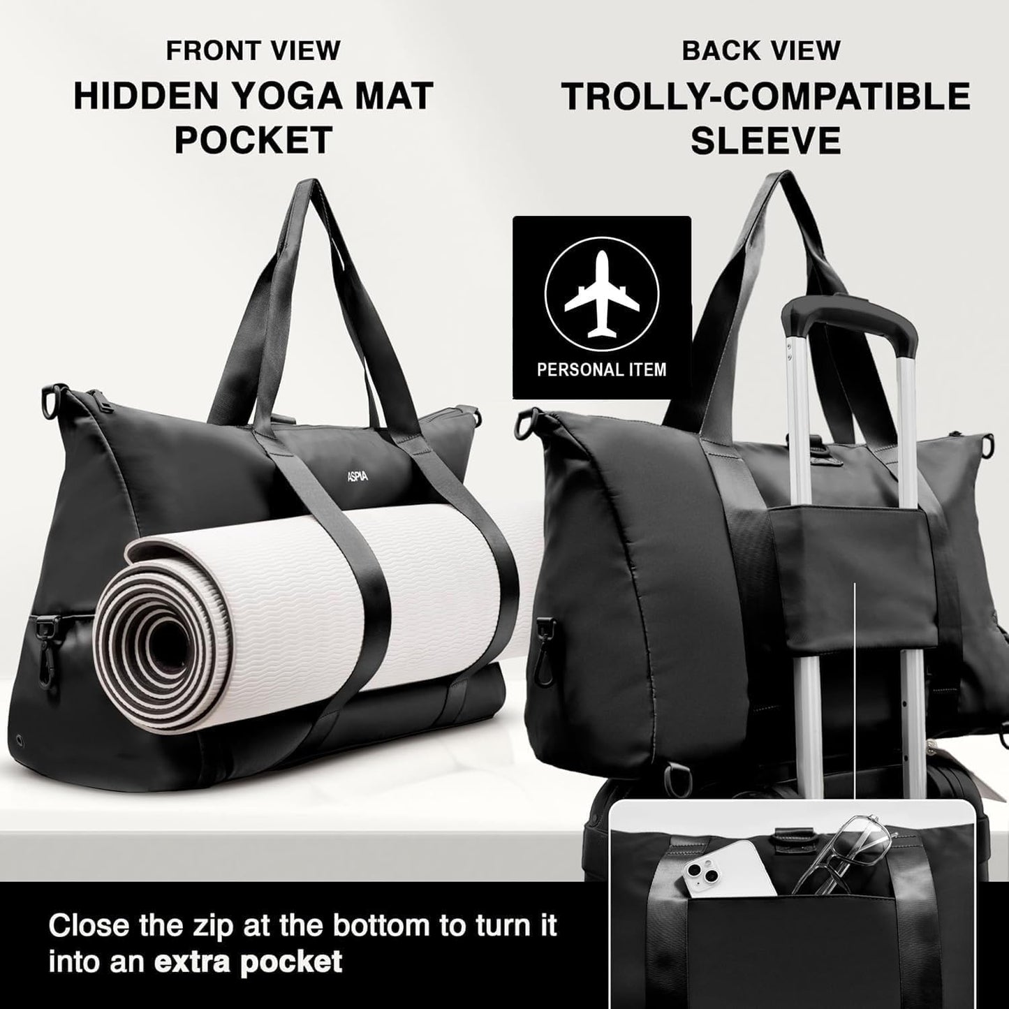 Gym Bag for Women, 3-in-1 Duffle with Laptop & Yoga Mat Space, Travel Bag with Shoe Compartment, Luggage Sleeve & Toiletries Pouch, Lightweight Weekender Carry On, Water Resistant