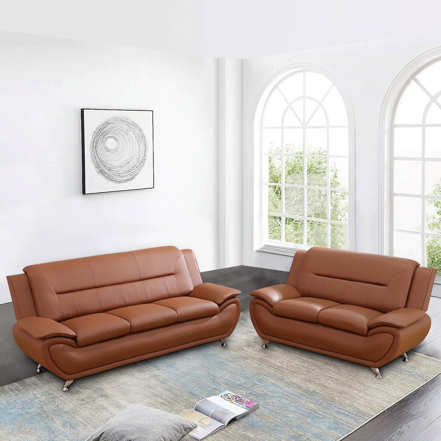 3 Piece Living Room Furniture Set, Leather Sofa Set for Living Room, Modern Couch Set with 3-Seater Sofa, Loveseat and Armchair (Black 2)