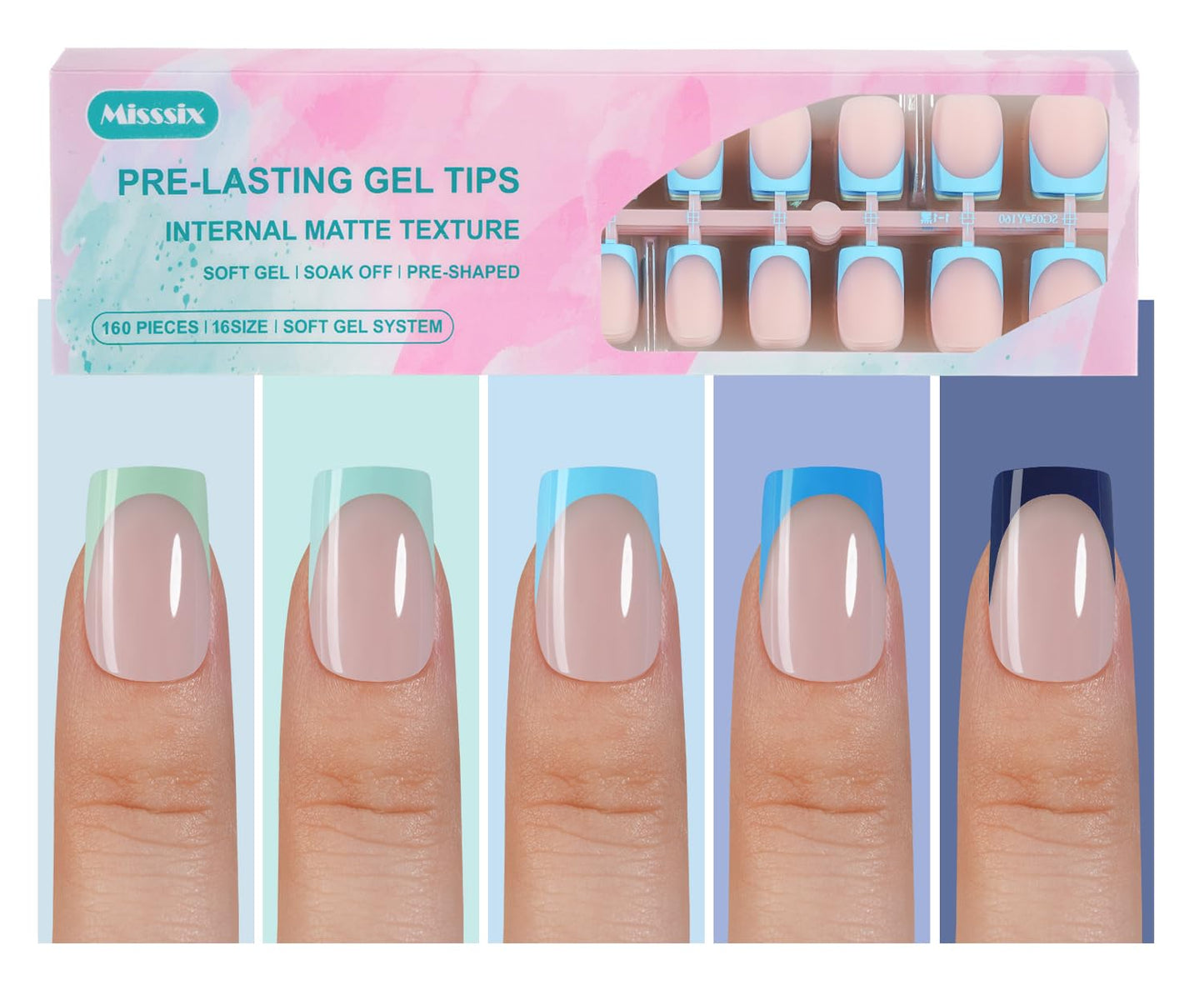 Misssix French Gel Nail Tips, 150Pcs French Tip Press on Nails Long Square Design, No Need to File Tips Pre-lasting, Fake Nails for Nail Art DIY 15 Sizes