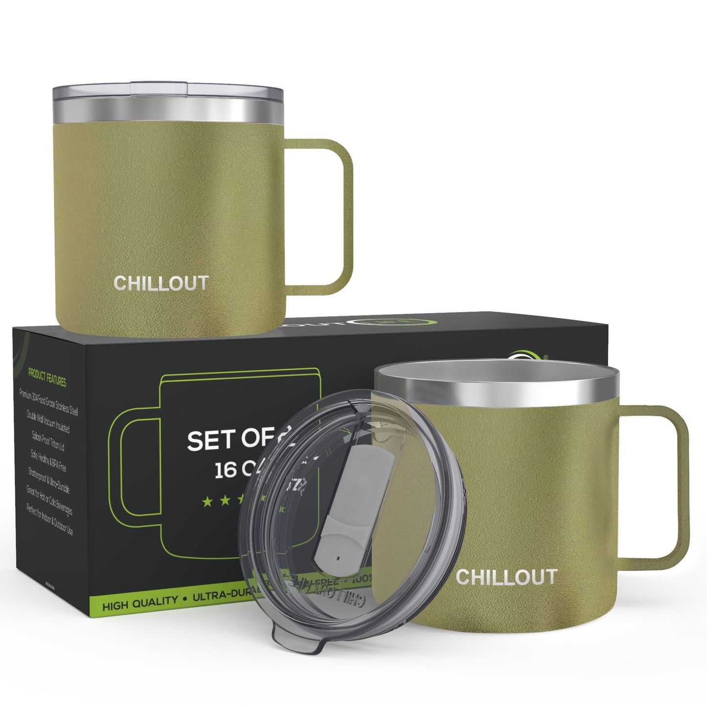 CHILLOUT LIFE Stainless Steel Vacuum Insulated Coffee Mug 16 oz (Set of 2) with Handle and Lid, Large Thermal Camping Coffee Mugs with Sliding Lid for Men & Women, Keeps Your Beverages Hot & Cold