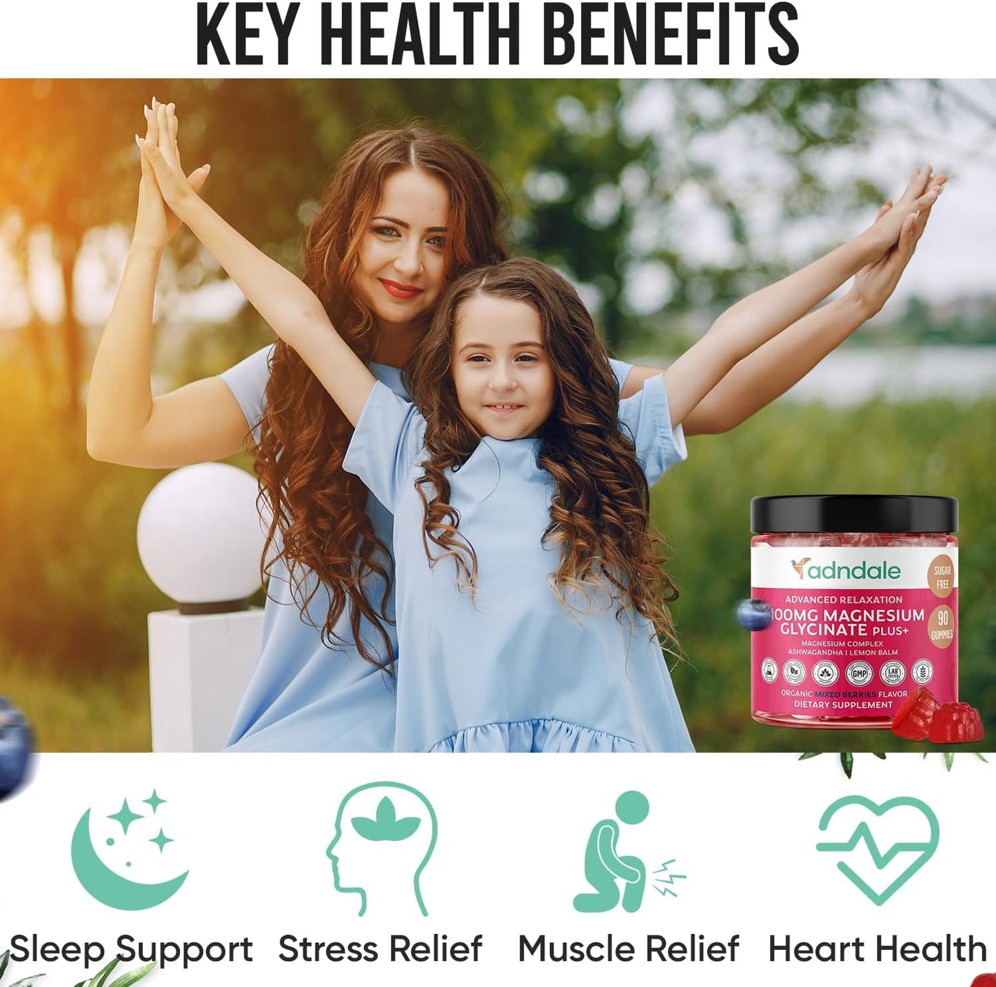 Adndale 90 CT Magnesium Glycinate Gummies 400 mg/Serv with Ashwagandha, Magnesium Malate & Taurate, Sugar Free Chews for Adults & Kids Relaxation, Stress Relief, Night Rest, Muscle & Cardio Support