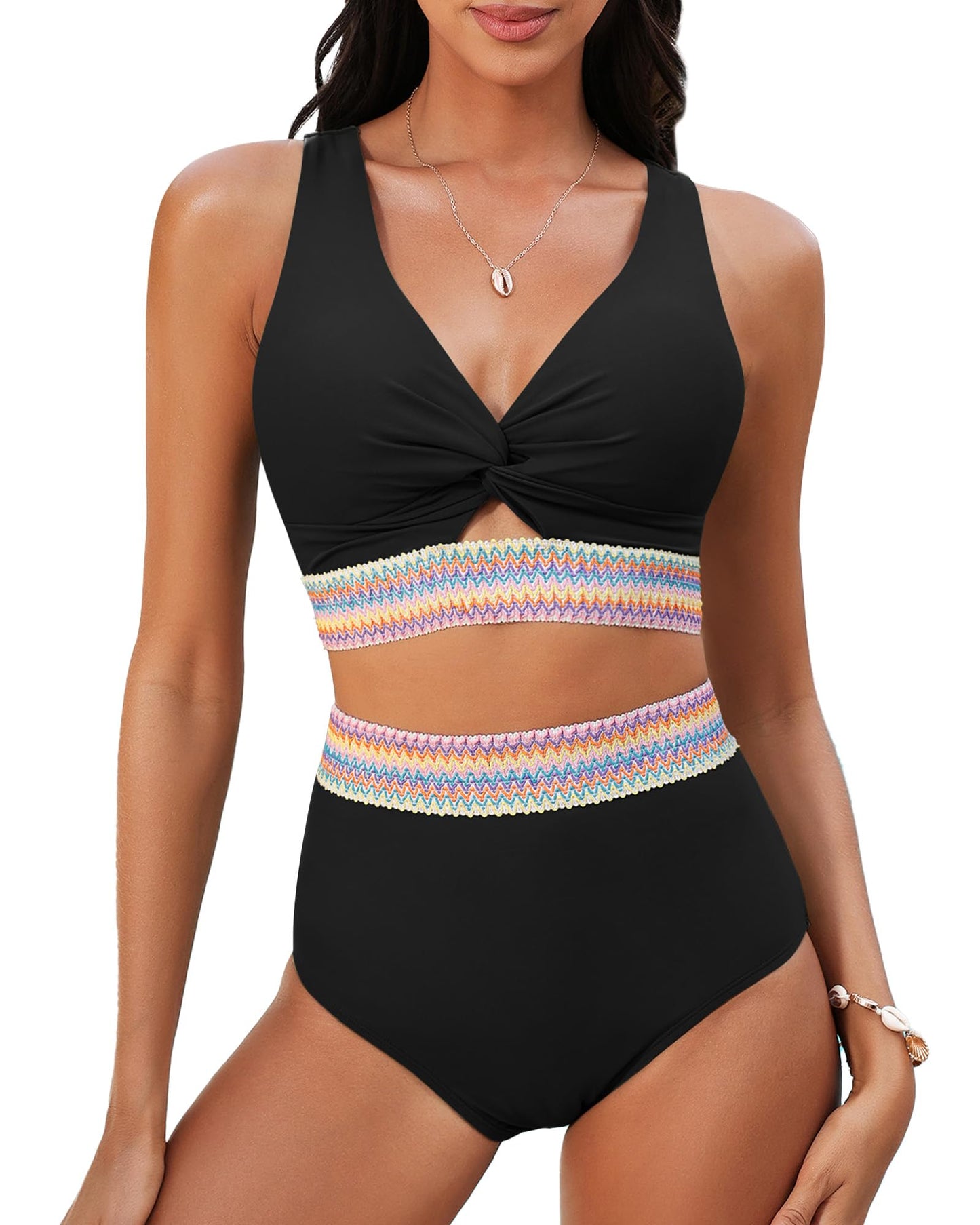 GRAPENT Bikini Sets for Women High Waisted Two Piece Swimsuit Padded Knot Twist Cut Out Color Block Bathing Suit Bikinis