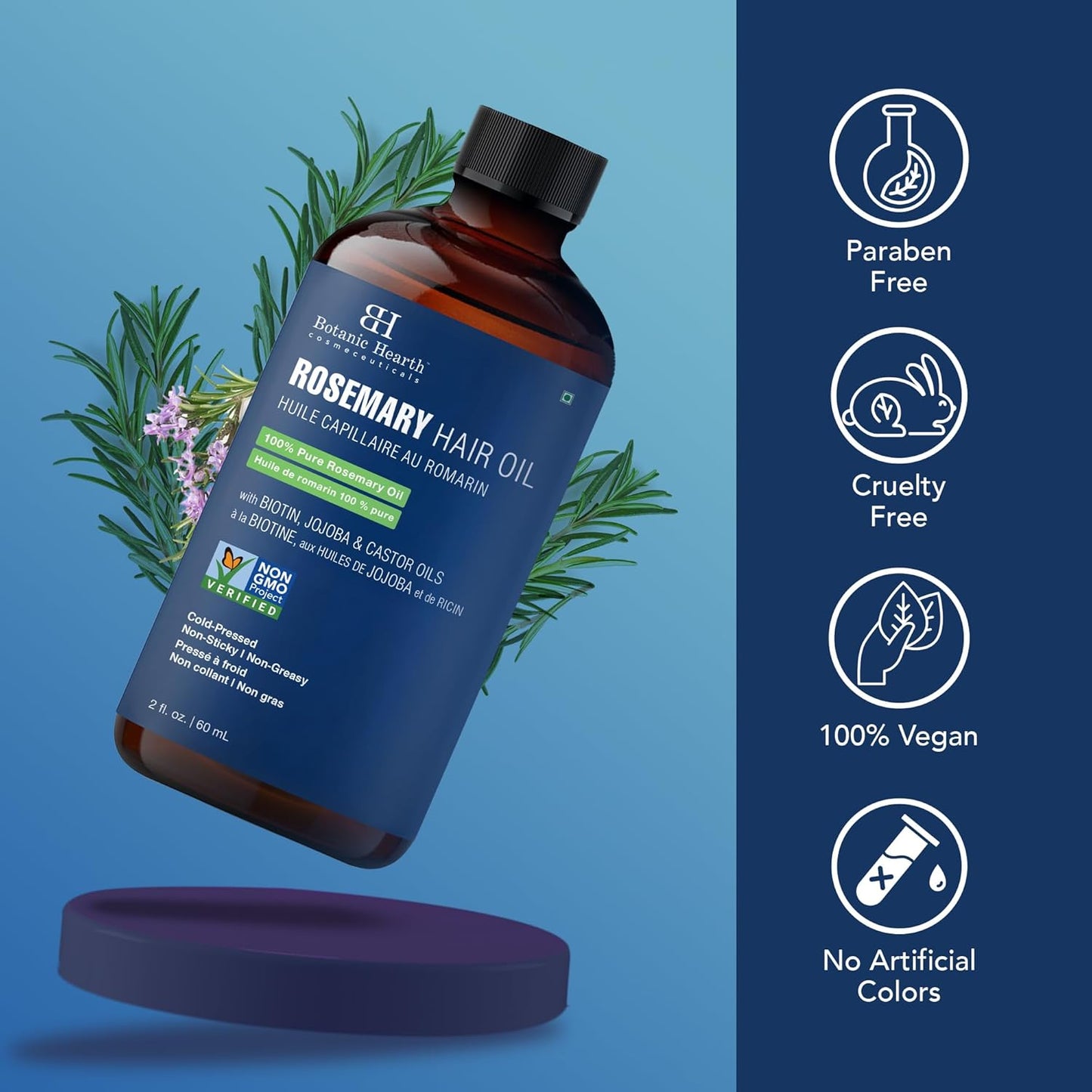 Botanic Hearth 100% Pure Rosemary Oil For Hair (2 Fl Oz) Infused With Biotin, Jojoba & Castor Oil | Hair Strengthening Treatment | Nourishing & Volumizing | Non Gmo Verified