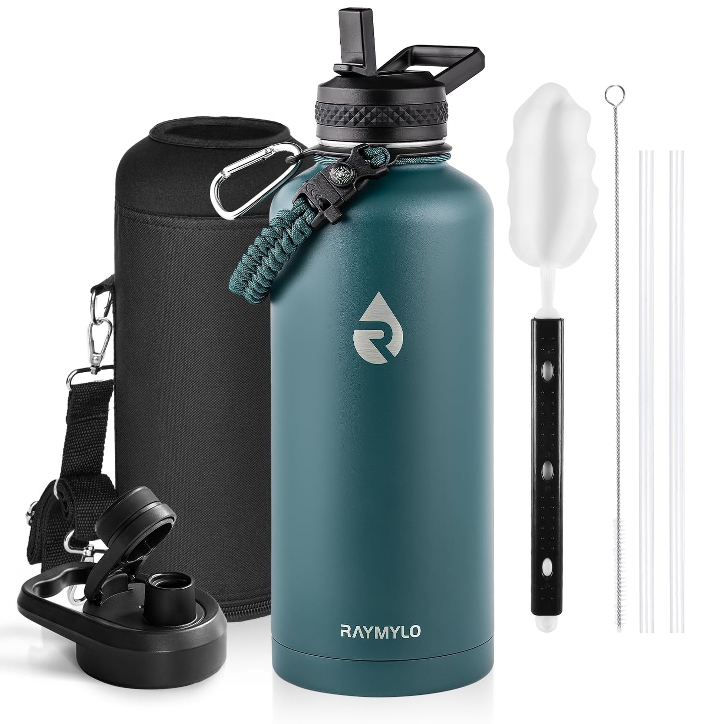 Insulated Water Bottle 64 oz, Triple Wall Vacuum Stainless Steel (Cold for 48 Hrs), Leak Proof & Non-BPA, Half Gallon Water Flask Jug with Paracord Handle & Straw Spout Lids, Magic Black