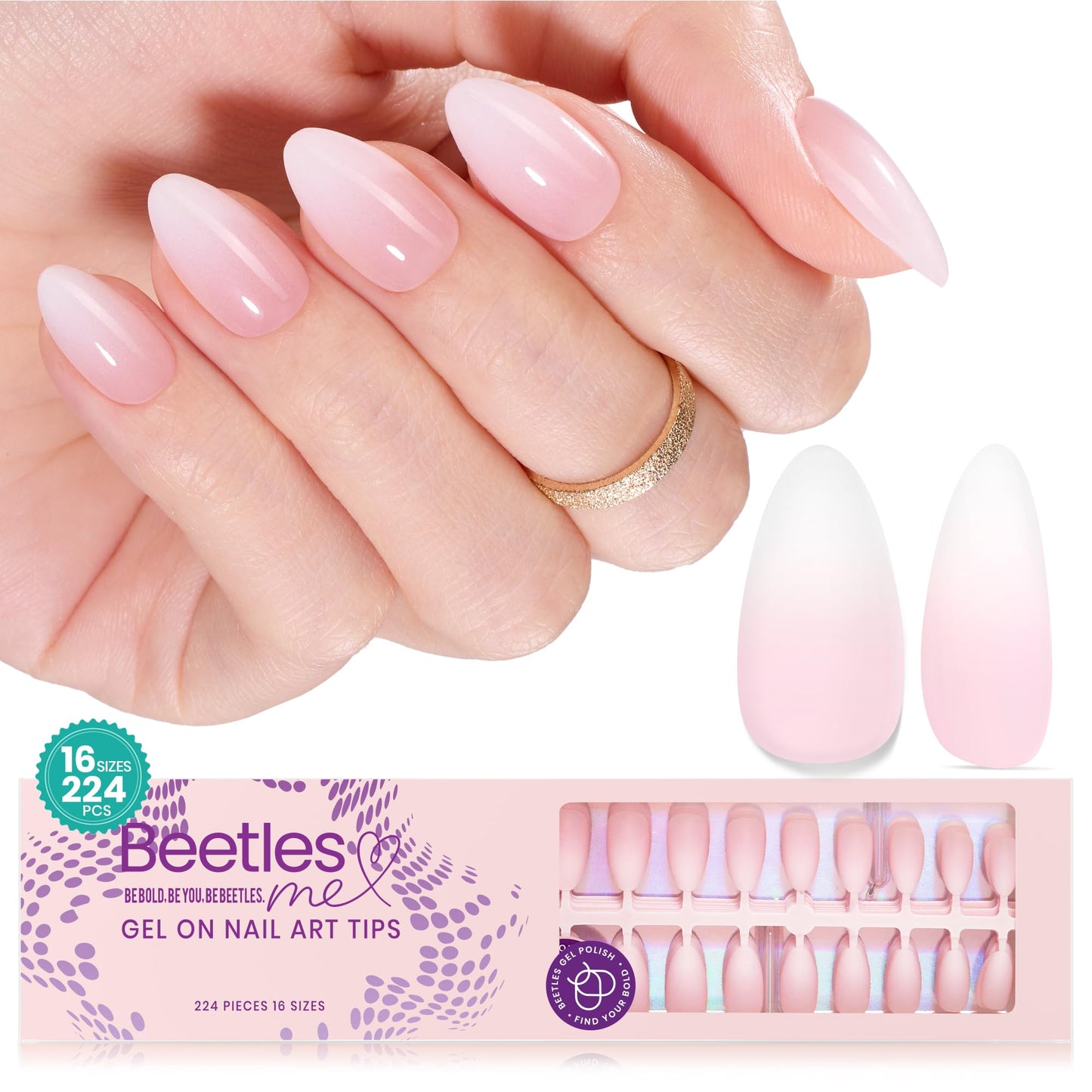 Beetles X Press Gel Nail Kit: Long Square French Tip Press On Nails Kit With 224Pcs Nail Tips Nail Glue & Builder Top Coat Mini UV Light, All-in-One DIY Designs Gift For Women At Home 16 Size