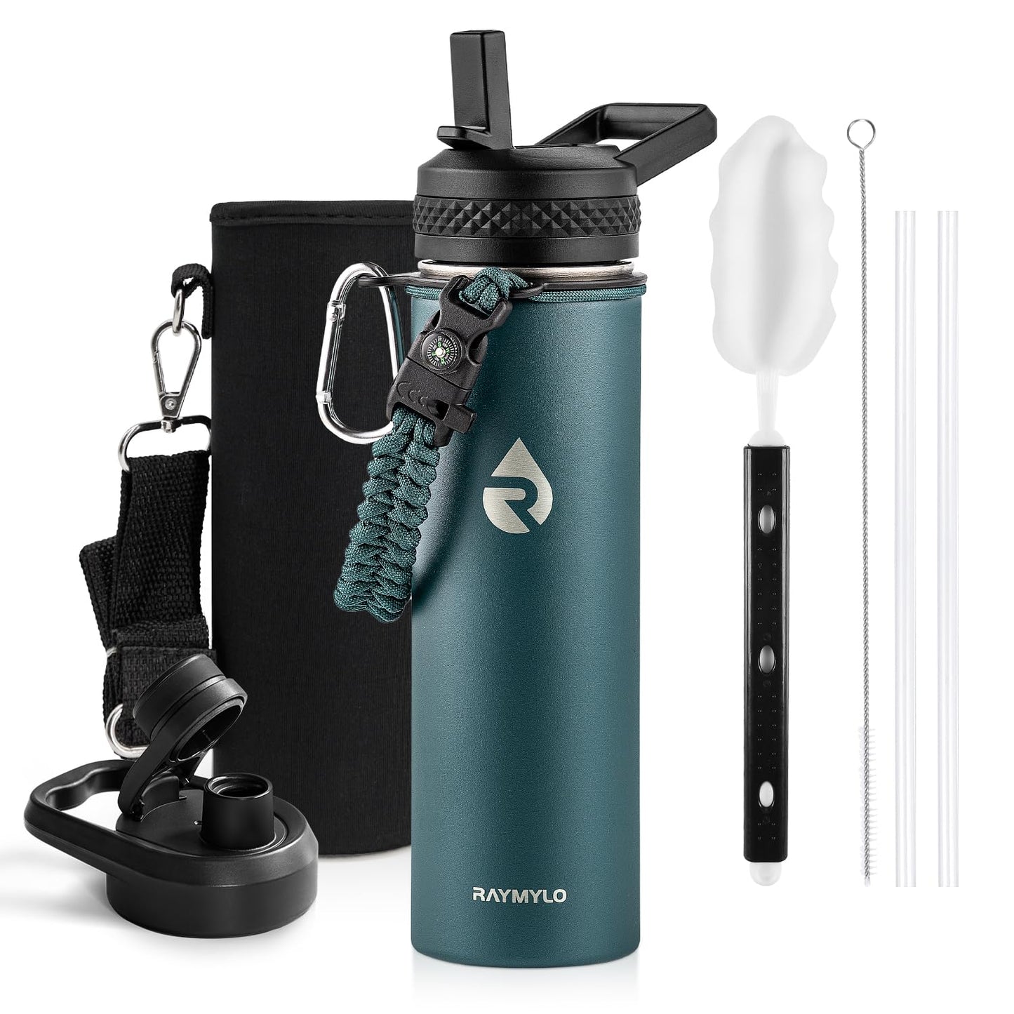 Insulated Water Bottle 64 oz, Triple Wall Vacuum Stainless Steel (Cold for 48 Hrs), Leak Proof & Non-BPA, Half Gallon Water Flask Jug with Paracord Handle & Straw Spout Lids, Magic Black
