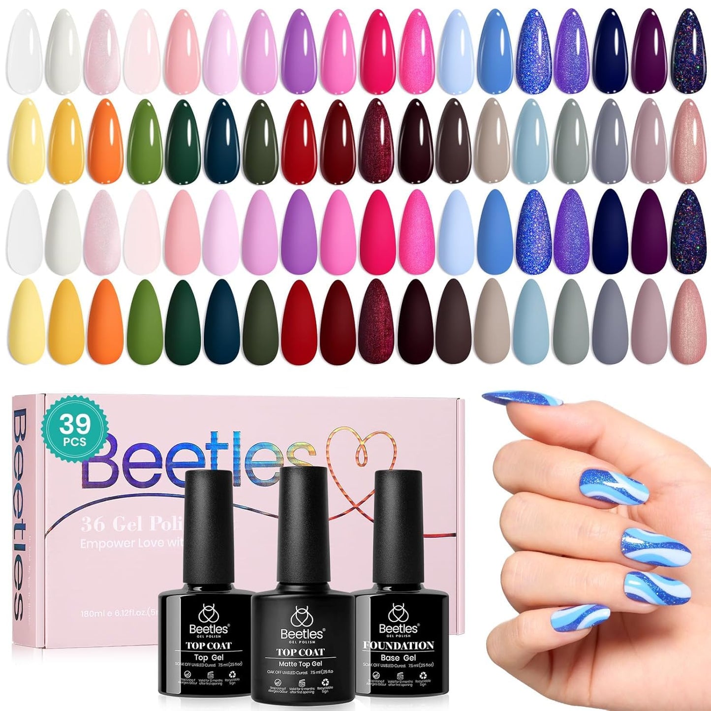 Beetles Cat Eye Gel Nail Polish Set-36 Colors Red Purple Brown Green Burgundy Magnetic Gel Nail Polish with Base Gel Glossy Matte Top Coat Magnet,Soak off UV Nail Gel DIY Nail Art Gift for Women