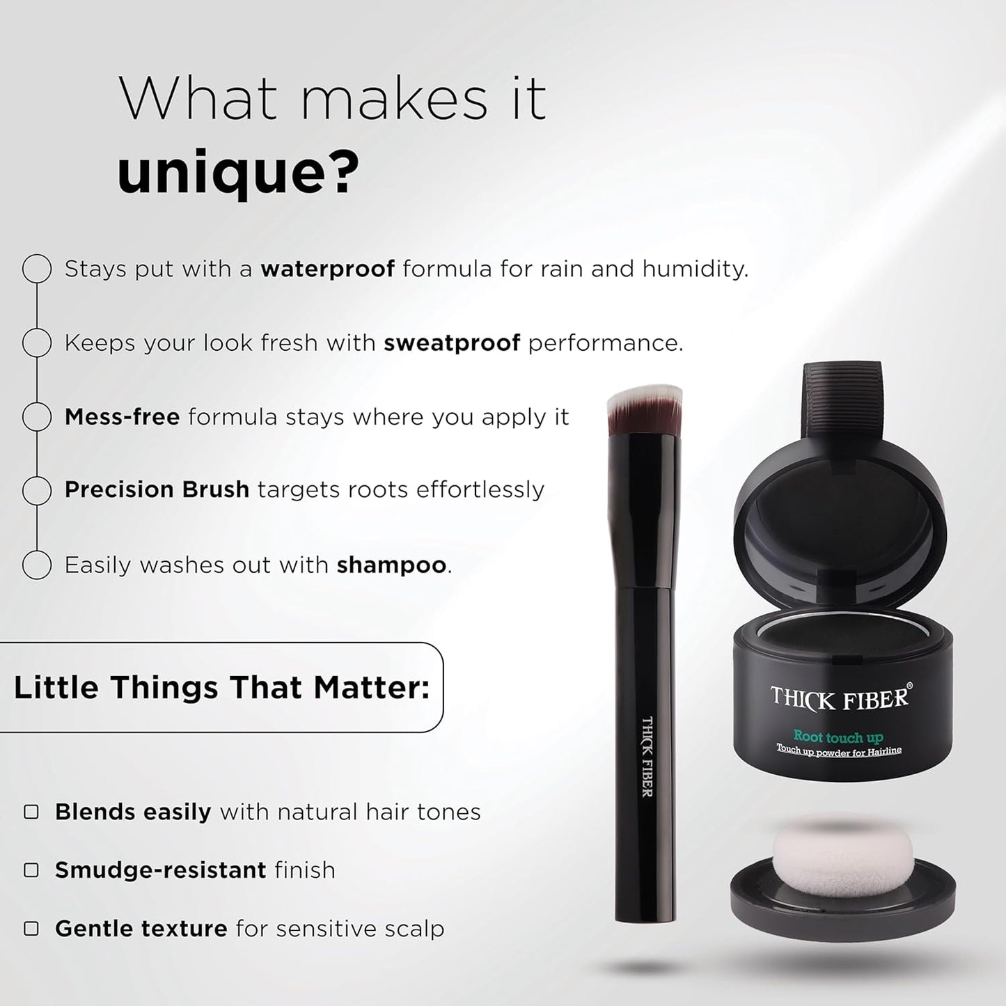 THICK FIBER Root Touch Up Powder - Water & Sweat Resistant Hair Loss Concealer Set for Thinning Hair Women, Includes Brush (Black)