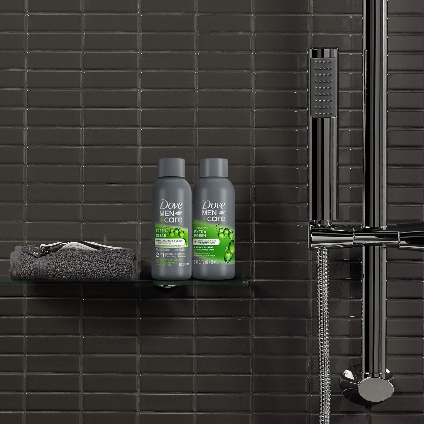 Dove Men+Care Travel Essentials Bundle – Extra Fresh Body & Face Wash & Fresh + Clean 2-in-1 Shampoo, 3 Oz Ea