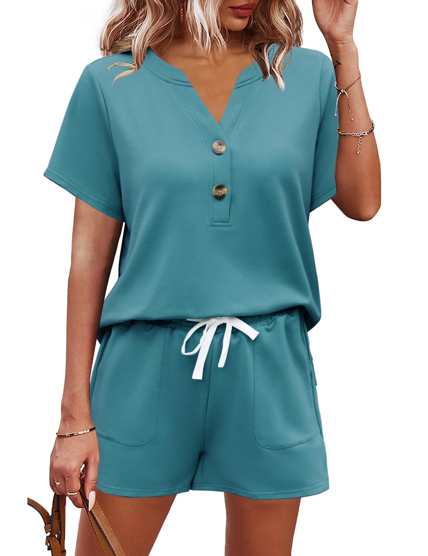 AKEWEI Womens Two Piece Outfits Summer Lounge Sets Tracksuit V Neck Buttons Down Tops and Shorts Set with Pockets
