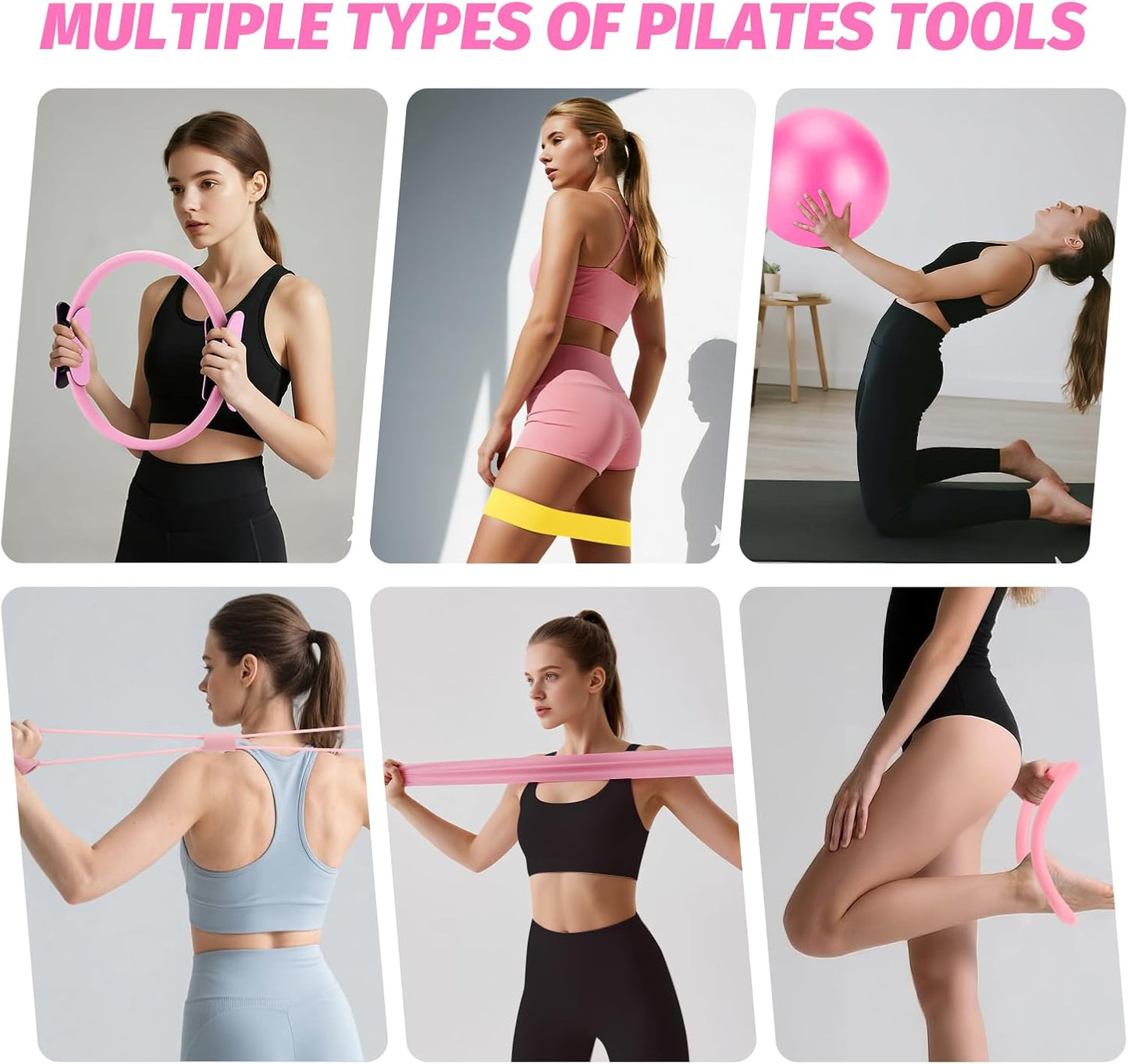 Pilates Ring Kit for Home Workouts, Pilates Equipment Essentials Kit with Magic Circle, Yoga Ring, Resistance Band, Ball, Accessories, Pilates Sets for Women as Fitness Gift (Pink)