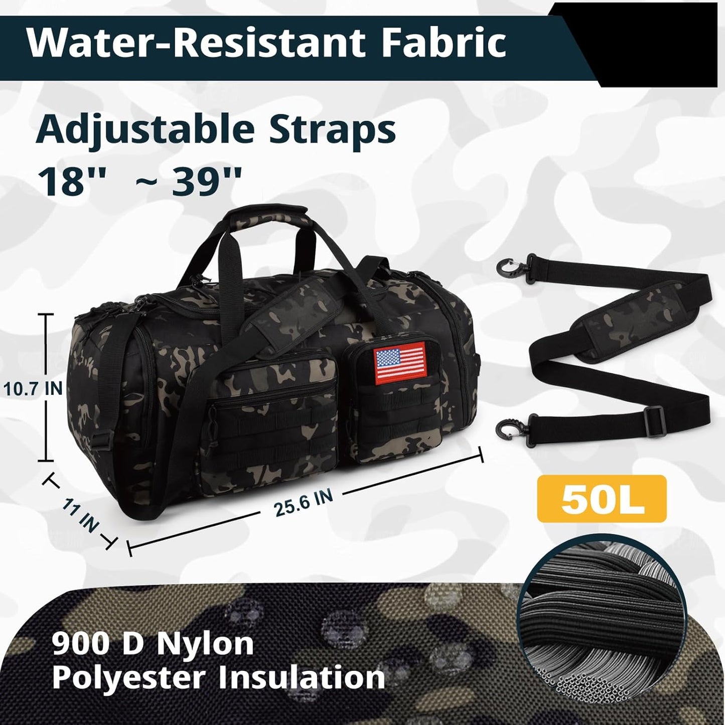 Tactical Gym Bag for Men,50L Large 3 in 1 Sports Duffle Bag with Shoes Compartment for Travel,Water Resistant Travel Backpack Weekender Overnight Bag with Wet Pocket for Women