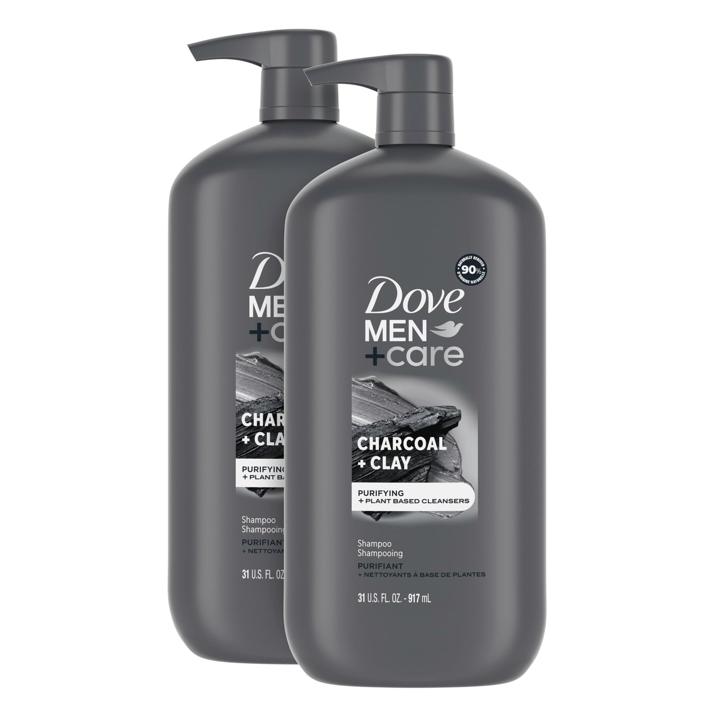 DOVE MEN + CARE Charcoal Pump Purifying Shampoo Charcoal + Clay for Stronger, More Resilient Hair, with Plant-Based Cleansers, 31 oz