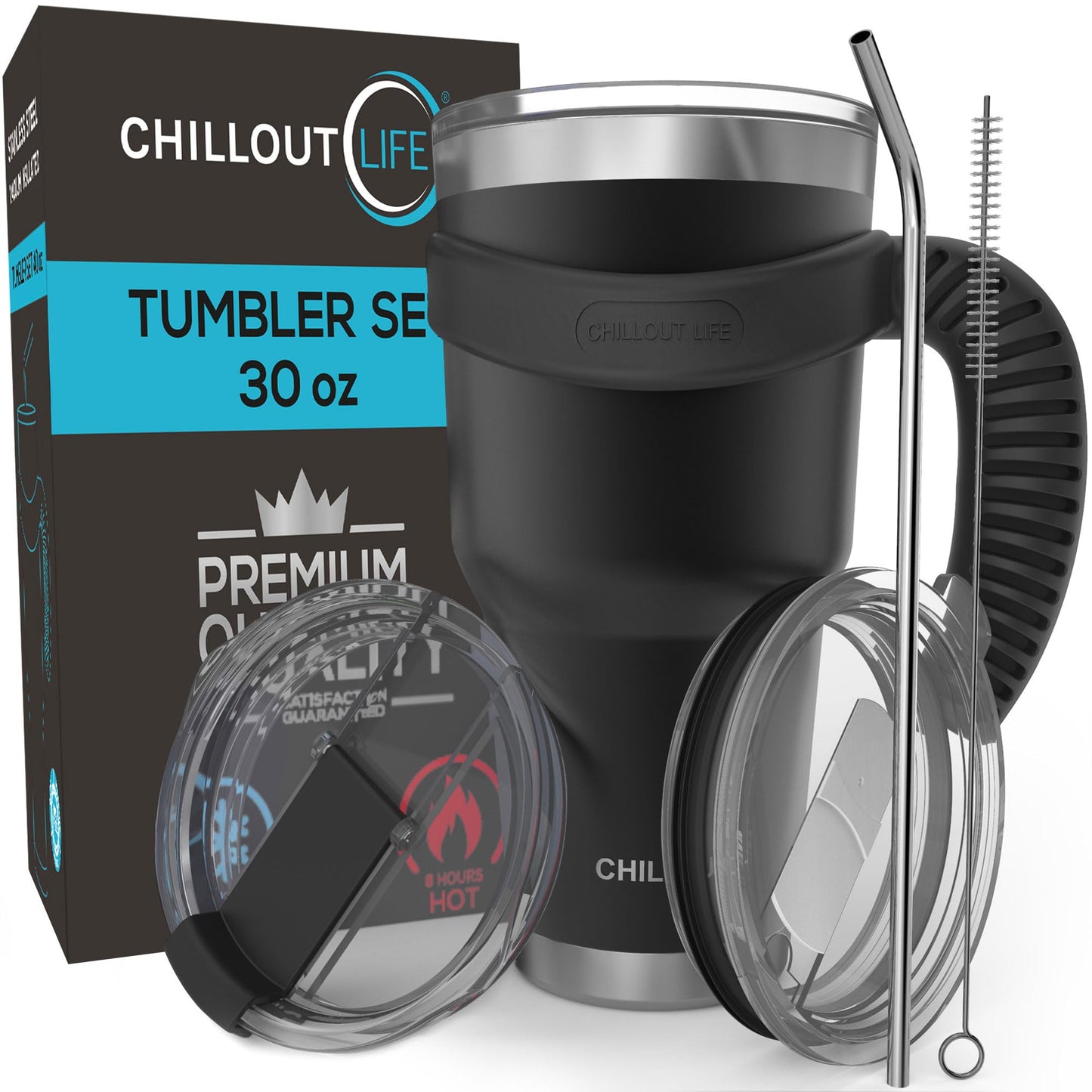 CHILLOUT LIFE Stainless Steel Travel Mug with Handle 30 oz – 6 Piece Set. Tumbler with Handle, Straw, Cleaning Brush & 2 Lids. Double Wall Insulated Large Coffee Mug Bundle