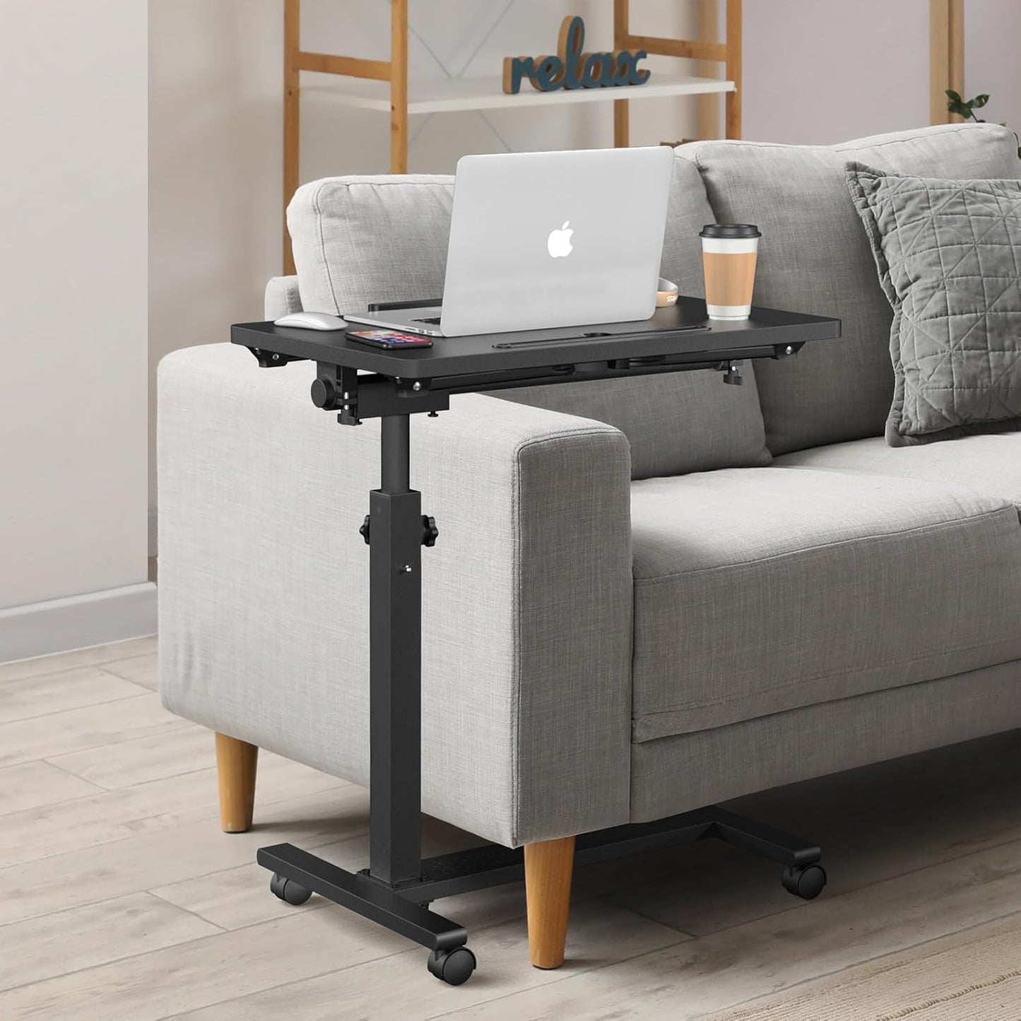 Adjustable Overbed Bedside Table, Hospital Bed Table with Wheels, Portable Rolling Desk, Mobile Small Standing Desk, Rolling Laptop Stand, Computer Cart