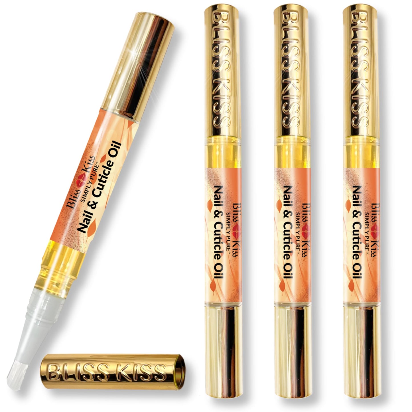 Bliss Kiss | Fragrance Free 4 Nail Oil Cuticle Pens w/Vitamin E & Jojoba⏤Nail Strengthener Nail Growth and Strengthening Serum for Brittle, Peeling, Breaking, Thin nails