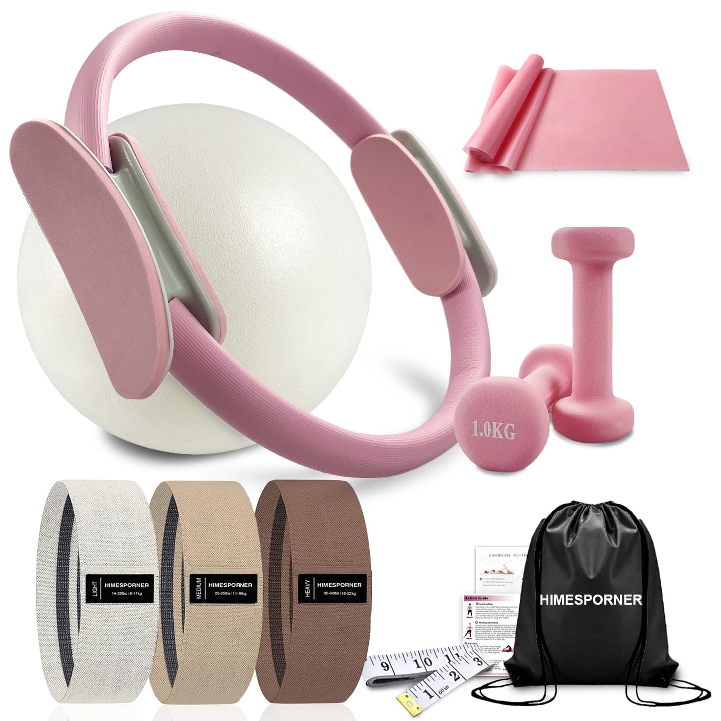 Pilates Ring Set 9 PCS, Magic Circle Yoga Ring, Pilates Ball, 2.2lb *2 Dumbbells, Resistance Bands, Tape Measure, Pilates Weight Kit Equipment Accessories for Home Workouts Fitness Yoga