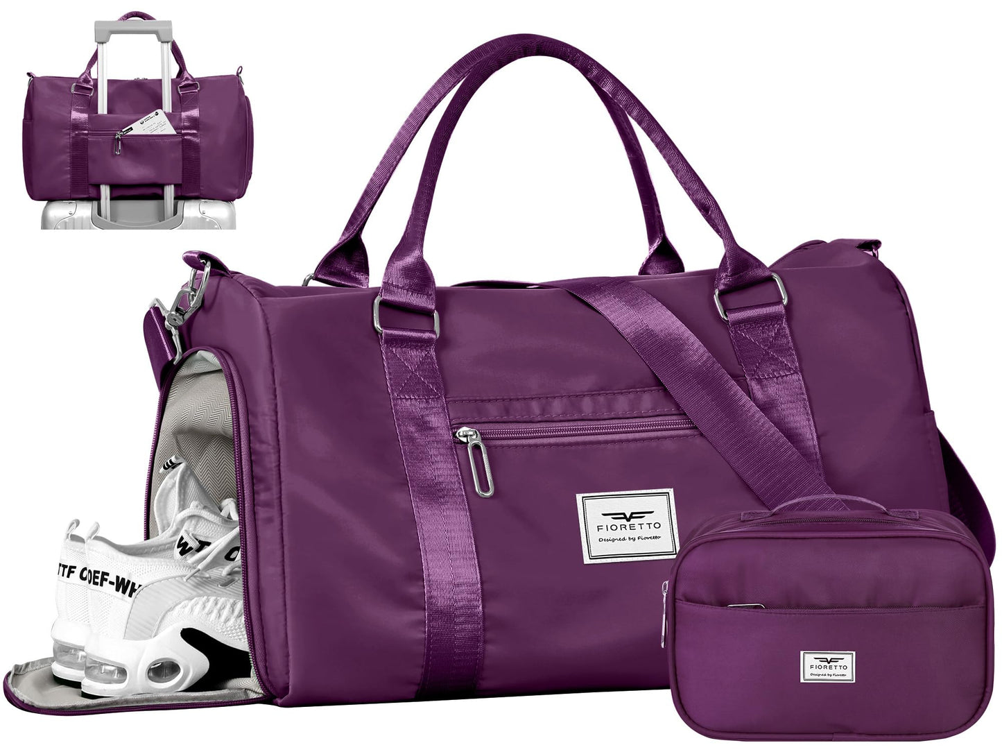 FIORETTO Womens Gym Tote Duffle Bag with Wet Pocket & Shoe Compartment, Sports Duffel Overnight Weekender Hospital Workout Carry on Bag for Girls, Ideal for Travel, Swimming, Dance, Ballet Beige