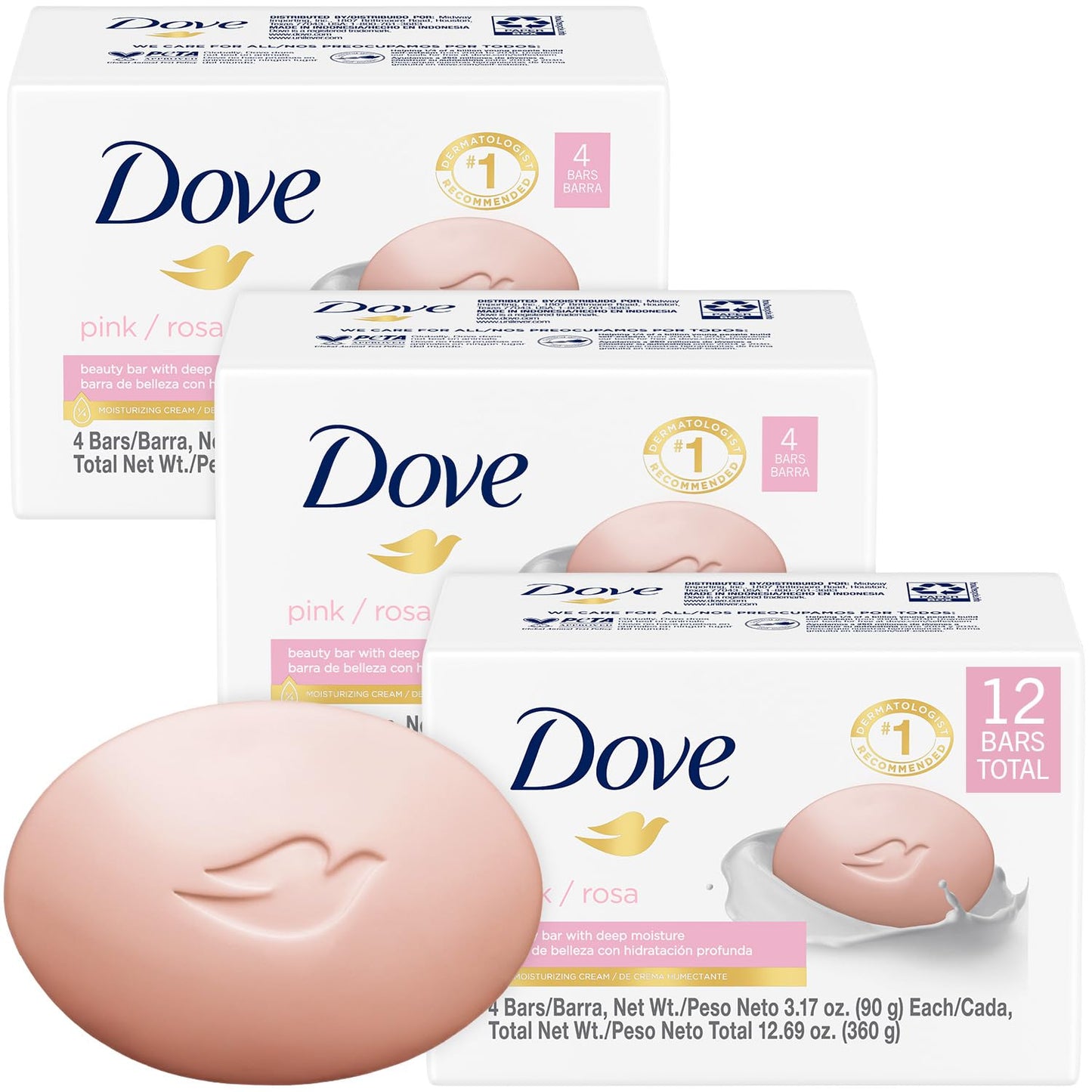 Dove Soap, Pink Beauty Bar Pack (4 Soap Bars) – 3-in-1 Moisturizing Face, Body & Hand Soap, 3.17 Oz Ea