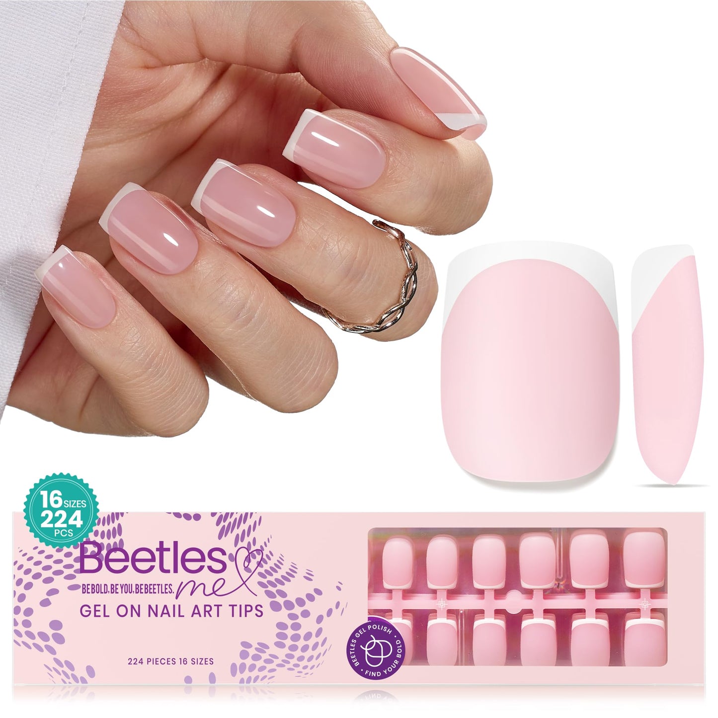Beetles Ombre Press on Nails: 224 PCS Short Almond Gel Nail Tips, Pink Press ons Pre-applied Primer & Base Coat Glue on Nail Tips, No Need to File Fake Nails DIY Nails Gifts for Women