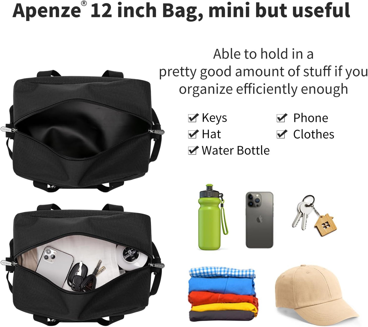 Small Gym Bag Carry On Bag - 12 in Mini Duffle Bag Lightweight for Overnight Travel(Black)