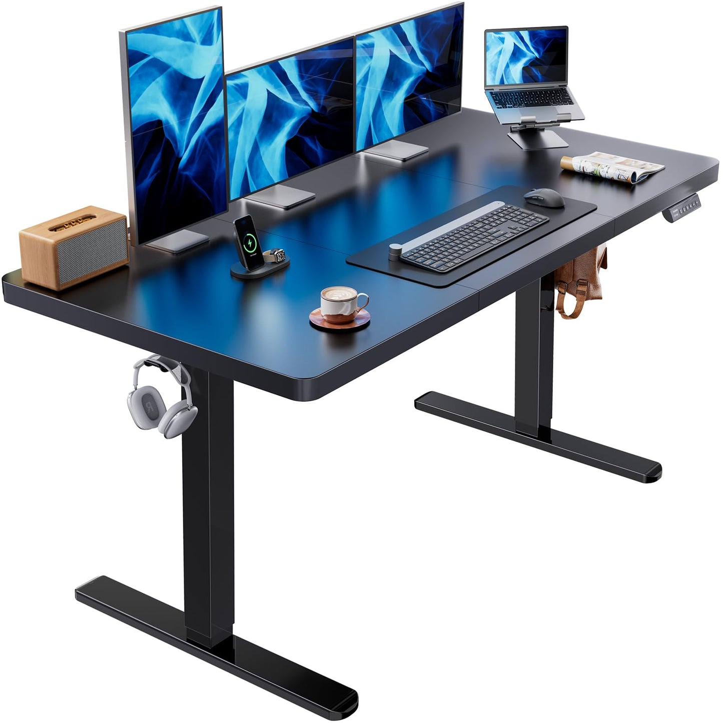 HUANUO 48 x 24 inch Electric Standing Desk, Height Adjustable Table with Headphone Hooks & Cable Manager, Sit to Stand up Desk for Home Office, Vintage Brown