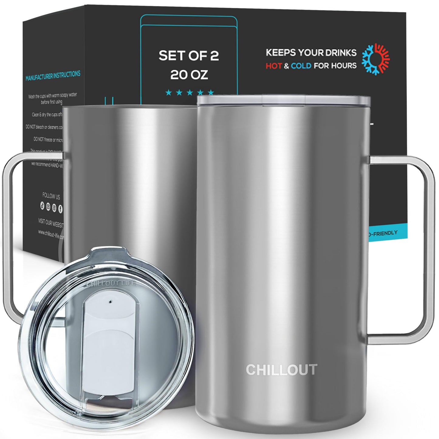 CHILLOUT LIFE Stainless Steel Vacuum Insulated Coffee Mug 16 oz (Set of 2) with Handle and Lid, Large Thermal Camping Coffee Mugs with Sliding Lid for Men & Women, Keeps Your Beverages Hot & Cold