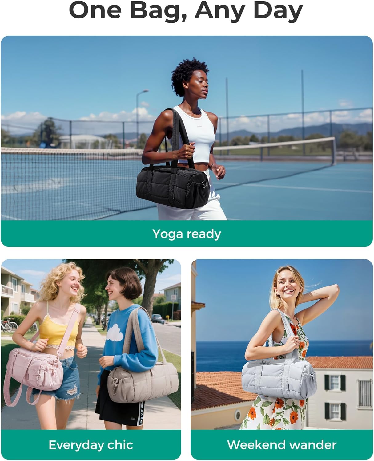 BAGSMART Reiki Gym Bag for Women, Yoga Mat Duffle Bag with Wet & Dry Pocket, Quilted Sports Bag for Weekend/Swimming, Sand Brown