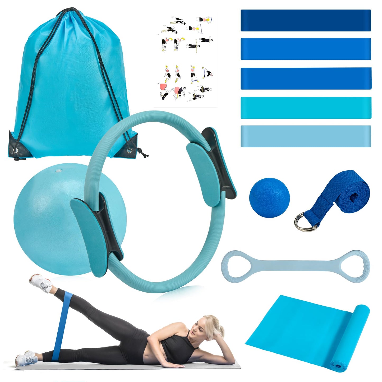 HASHMUST Pilates Ring Kit 12 PCS for Women, Home Workout Equipment with Magic Circle, Mini Exercise Ball, Resistance Bands, Massage Lacrosse, Yoga Strap, Full-Body Fitness Set for Toning & Gift