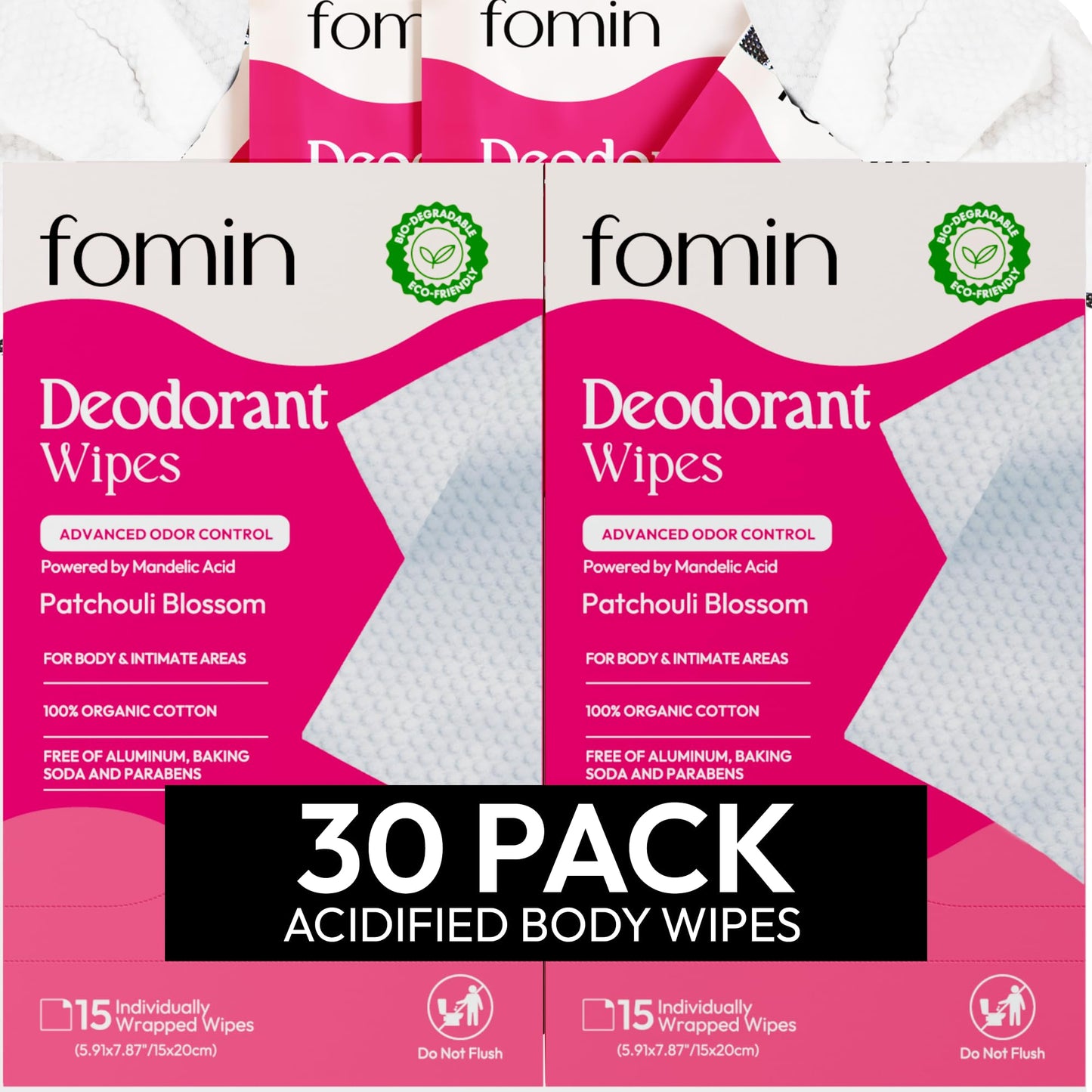 FOMIN Acidified Travel Deodorant Wipes For Women & Men - 30 Count - Variety Pack - pH Balanced, Mini Deodorant Travel Size Wipes - Plastic-Free, Individually Wrapped Underarm Body Wipes