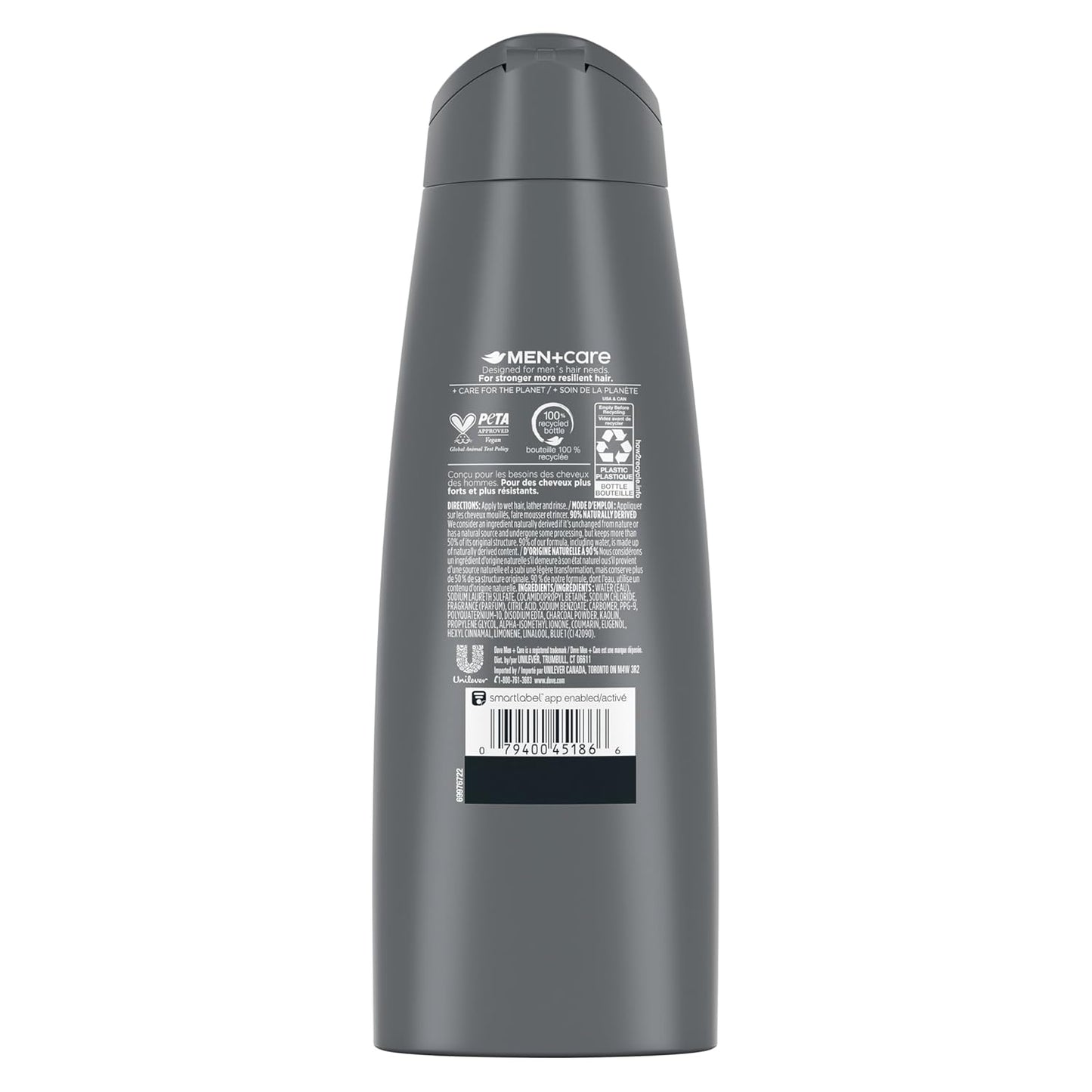 DOVE MEN + CARE Shampoo Charcoal + Clay for Healthy-Looking Hair Naturally Derived Plant Based Cleansers 12 oz