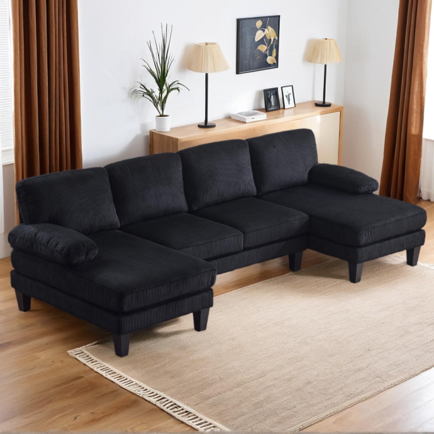 Karl home U-Shape Sectional Sofa Couch 111" Modern 4-Seat Sofa with Chaises Chenille Fabric Upholstered Covertible Couch with Wood Grain Legs for Living Room, Reception Room, Apartment, Beige