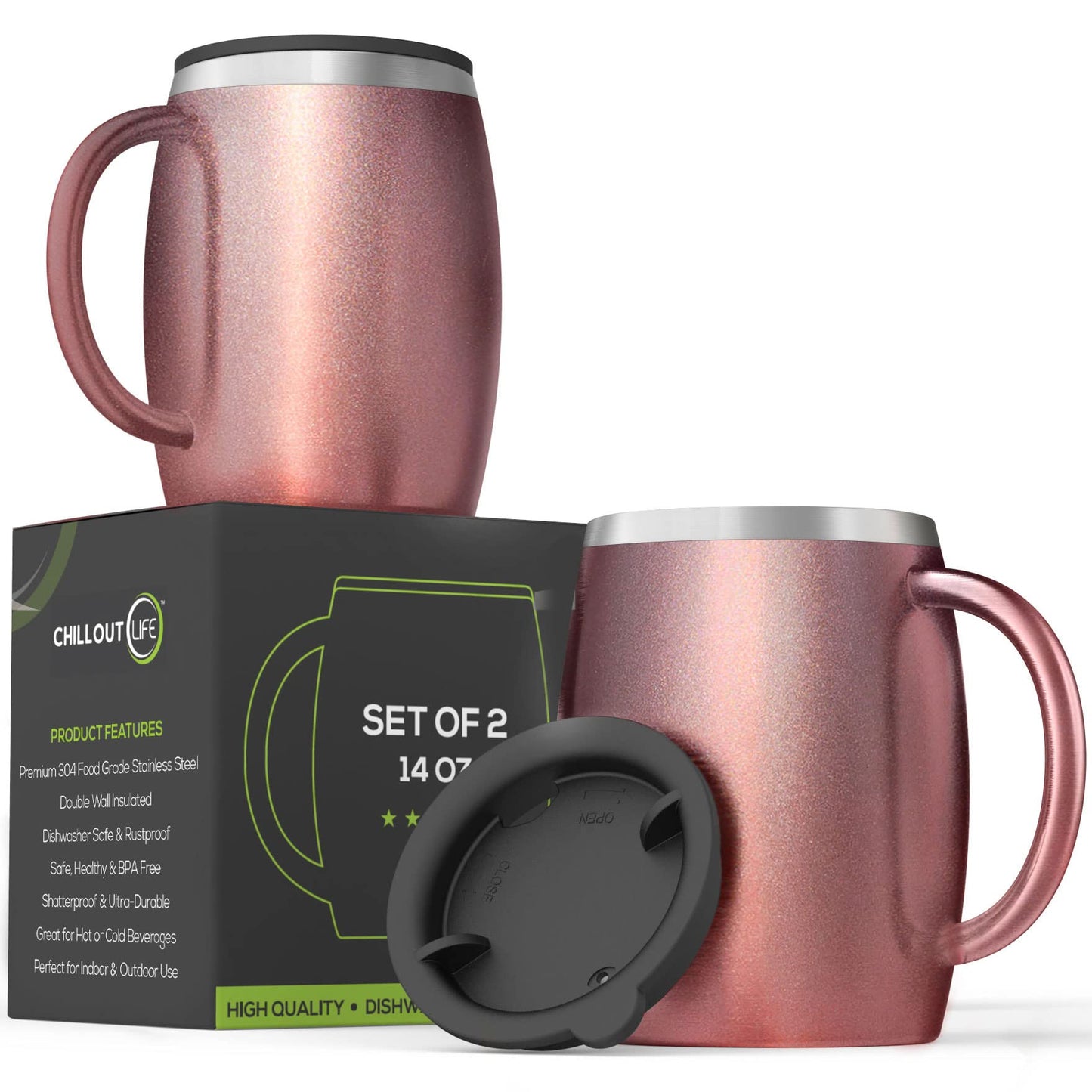 CHILLOUT LIFE Stainless Steel Insulated Coffee Mugs Set of 2 (14oz) – Double Wall Coffee Cups with Spill Resistant Lid & Strong Handle, Shatterproof Cups for Cold Drinks and Hot Beverages