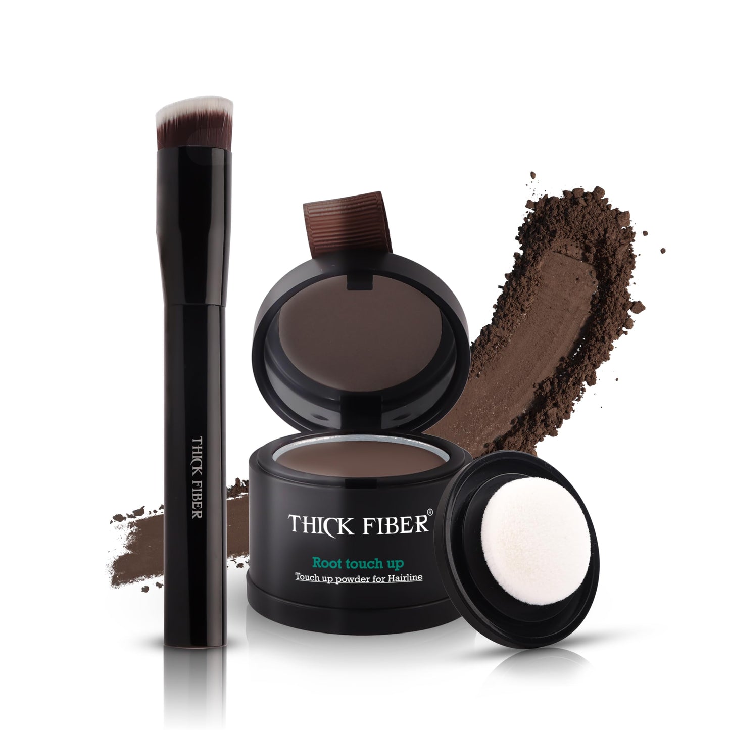 THICK FIBER Root Touch Up Powder - Water & Sweat Resistant Hair Loss Concealer Set for Thinning Hair Women, Includes Brush (Black)