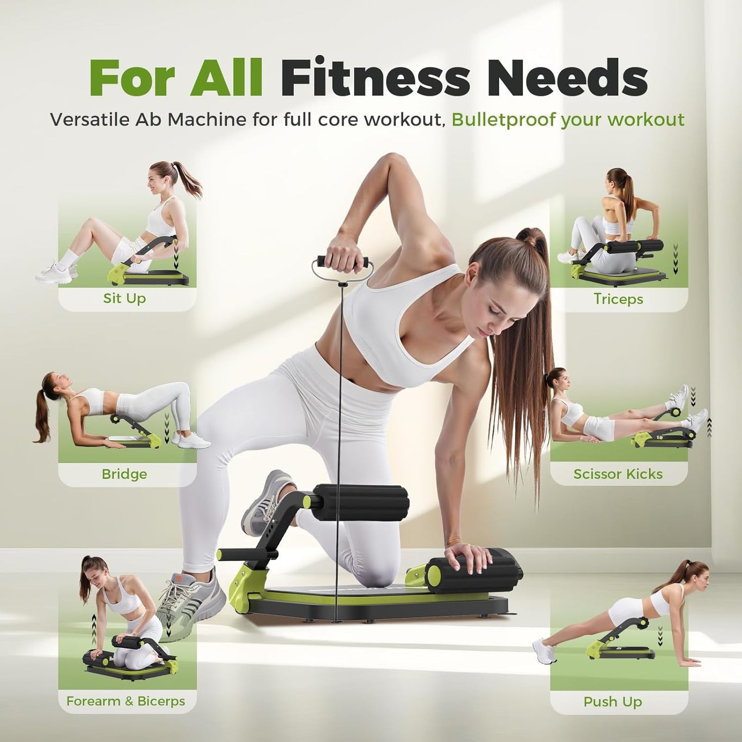 Ab Machine,Sit Up Exercise Equipment&Core Machine, Ab Workout Equipment,Adjustable Ab Trainer with 3 Resistance Levels and Removable Auxiliary Handle,Home Gym Fitness Equipment for All Ages