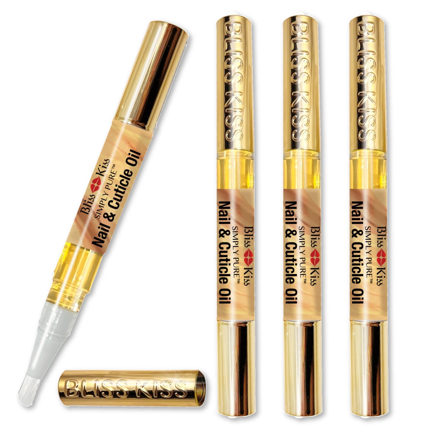 Bliss Kiss | Fragrance Free 4 Nail Oil Cuticle Pens w/Vitamin E & Jojoba⏤Nail Strengthener Nail Growth and Strengthening Serum for Brittle, Peeling, Breaking, Thin nails