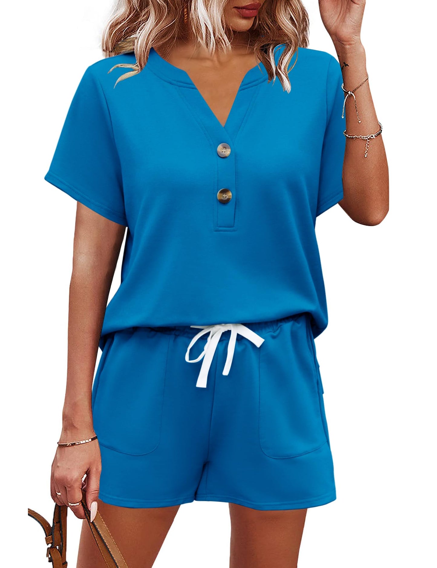 AKEWEI Womens Two Piece Outfits Summer Lounge Sets Tracksuit V Neck Buttons Down Tops and Shorts Set with Pockets